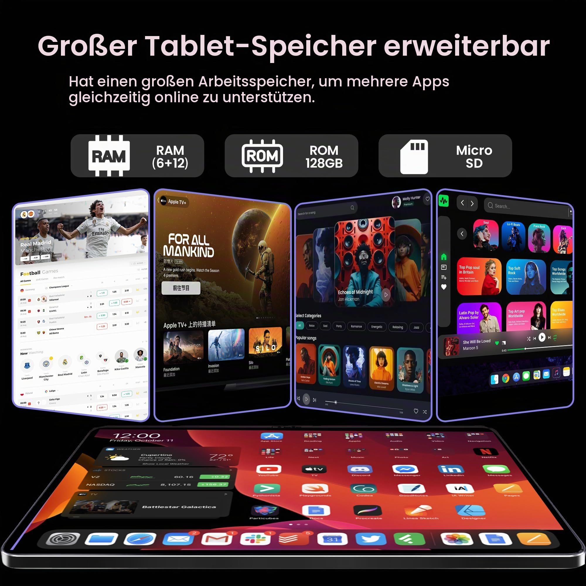 Android-Tablet, 10,1 Zoll, Android 15, 18 GB (6+12) RAM, 128 GB ROM, 1280 x 800 IPS-HD-Touchscreen, 6000-mAh-Akku, Bluetooth, Dual-Kamera, GMS, WLAN (Schwarz)