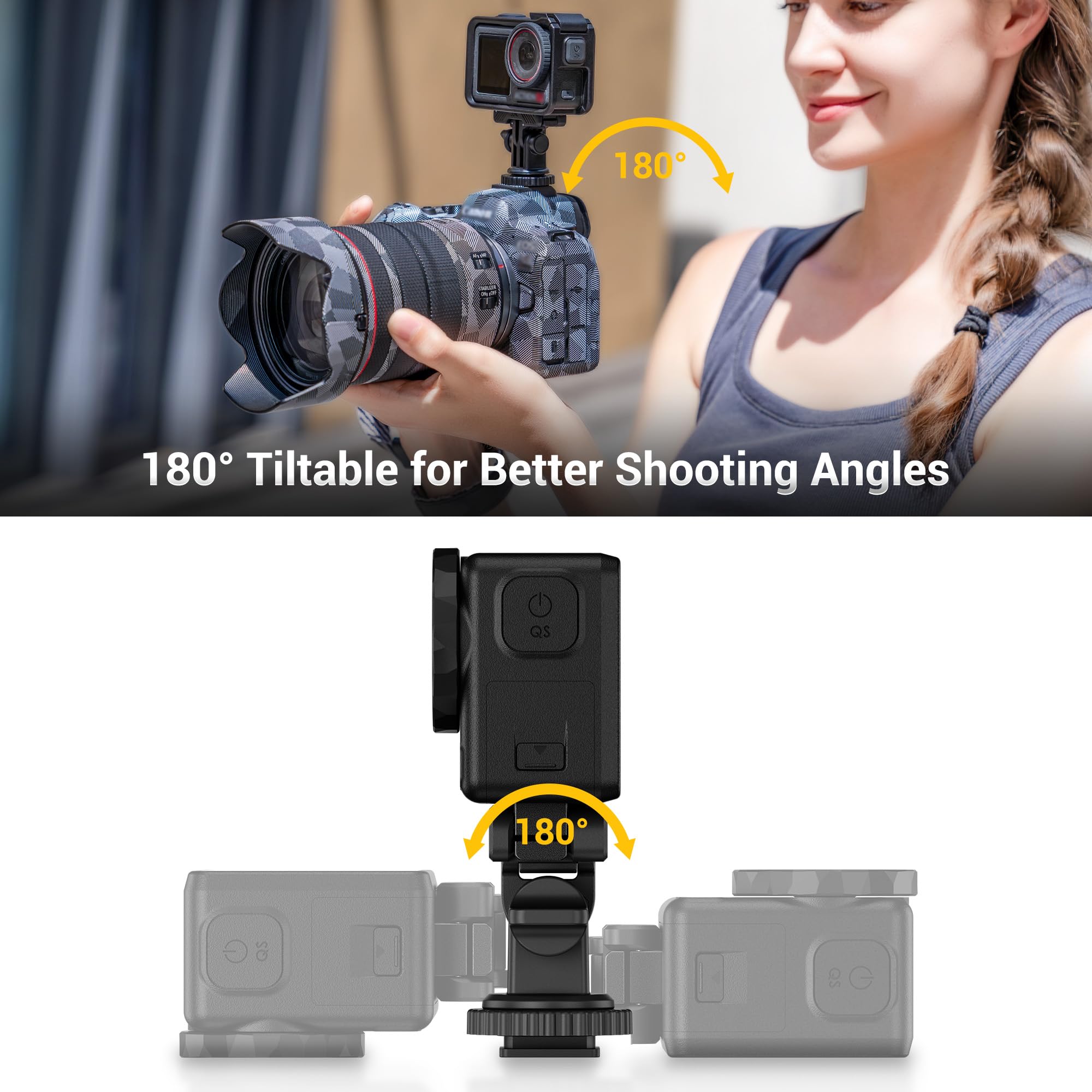 JJC Supporto adattatore con slitta fredda per DJI OSMO 360 Action 5 Pro 4 3, angolo regolabile a 180°, supporto rimovibile per monitor della fotocamera con foro per vite da 1/4, design magnetico