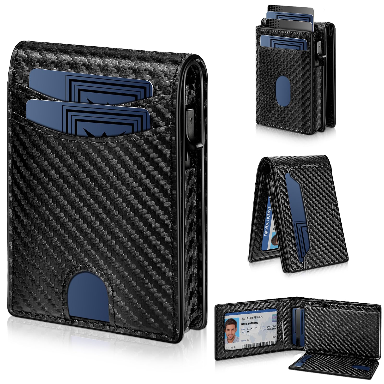 Genuine Leather Wallet for Men Pop-Up Magnetic Card Holder RFID Blocking Slim and Functional Design Black (Carbonfiber)