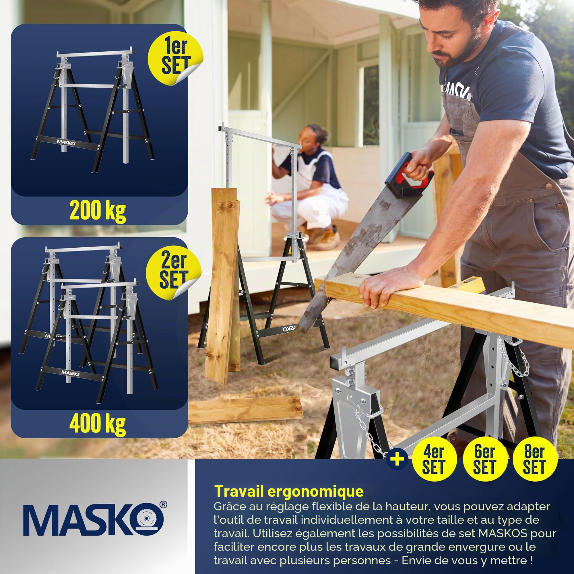 MASKO® Lot de 4 tréteaux de travail télescopiques - Charge maximale : 200 kg - Hauteur de travail min/max : 800-1300 mm - Avec gants - Noir