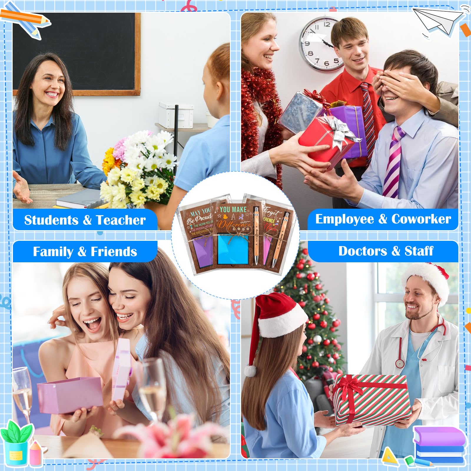 Haftnotizen mit Kugelschreiber und Holzblockhalter, Dankeschön, Geschenke für Mitarbeiter, Lehrer, Krankenschwestern, Bürobedarf, 24 Stück