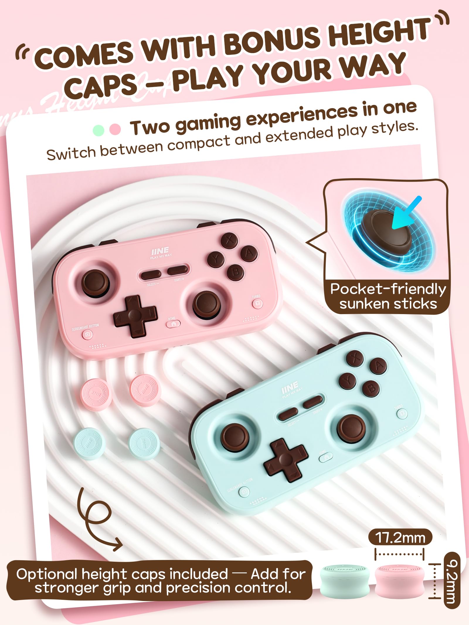 IINE Retro Pocket Game Controller with Hall Effect Joysticks, Switch 1 & 2 Compatible, Wireless Gamepad for Steam Deck, PC, Android, iOS, Customizable D-Pad, Vibration & Motion Control (Mint Choco)