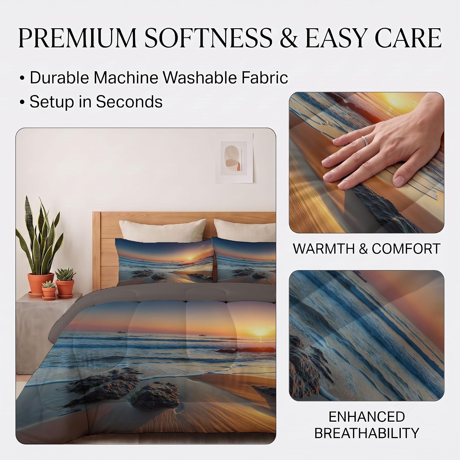 Natural Coastal Scenery Quilt King Size Warm Orange Quilt Bedding Set | 3 Pieces Soft Lightweight Microfiber Sunrise and Waves Bedspread Coverlet Set for All Season, 104"X90"