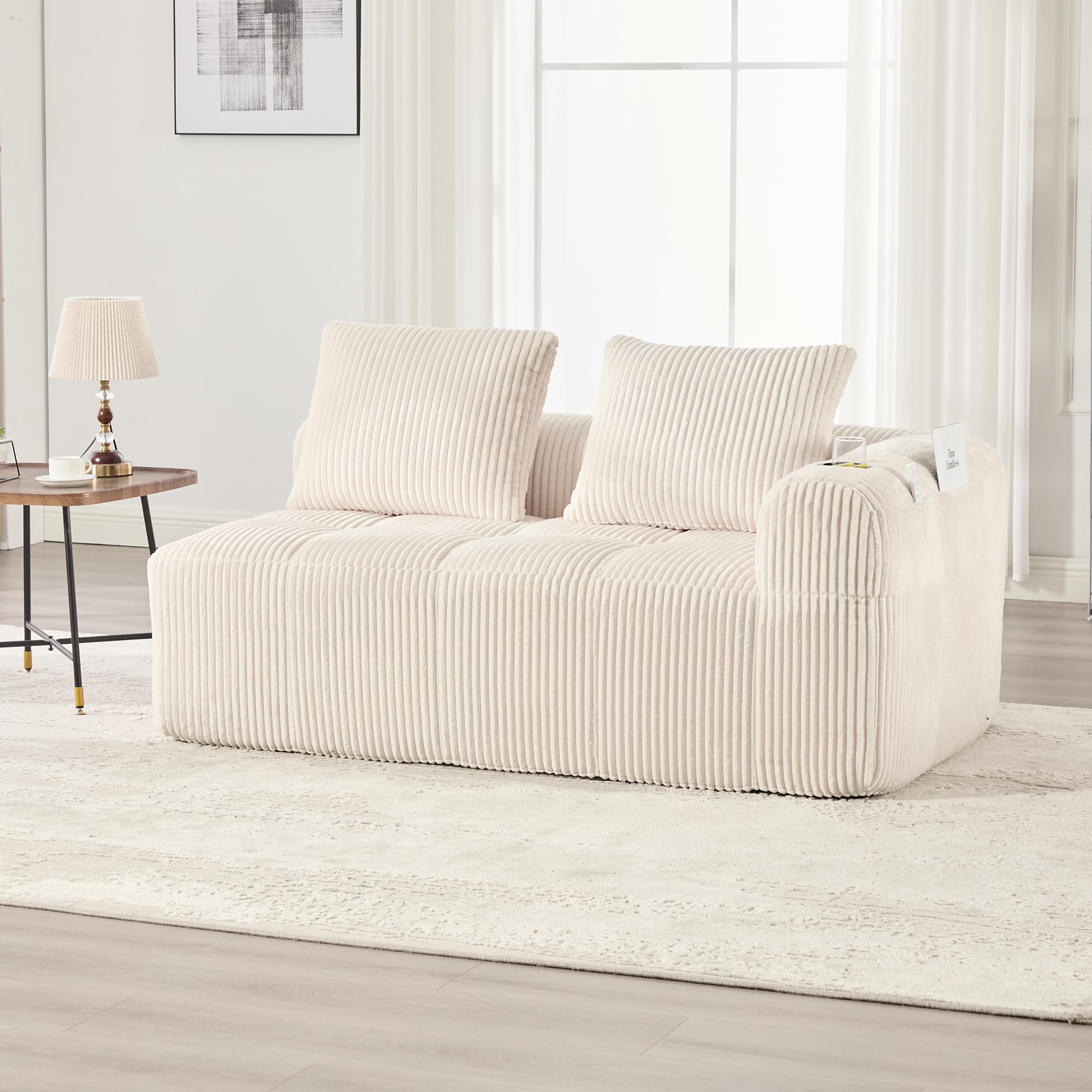 Zweisitzer Cord Sofa mit Getränkehalter & Seitentasche, Modulares Polstersofa inkl. 2 Kissen, Kompakte Stoffcouch für Wohnzimmer & Arbeitszimmer, Beige