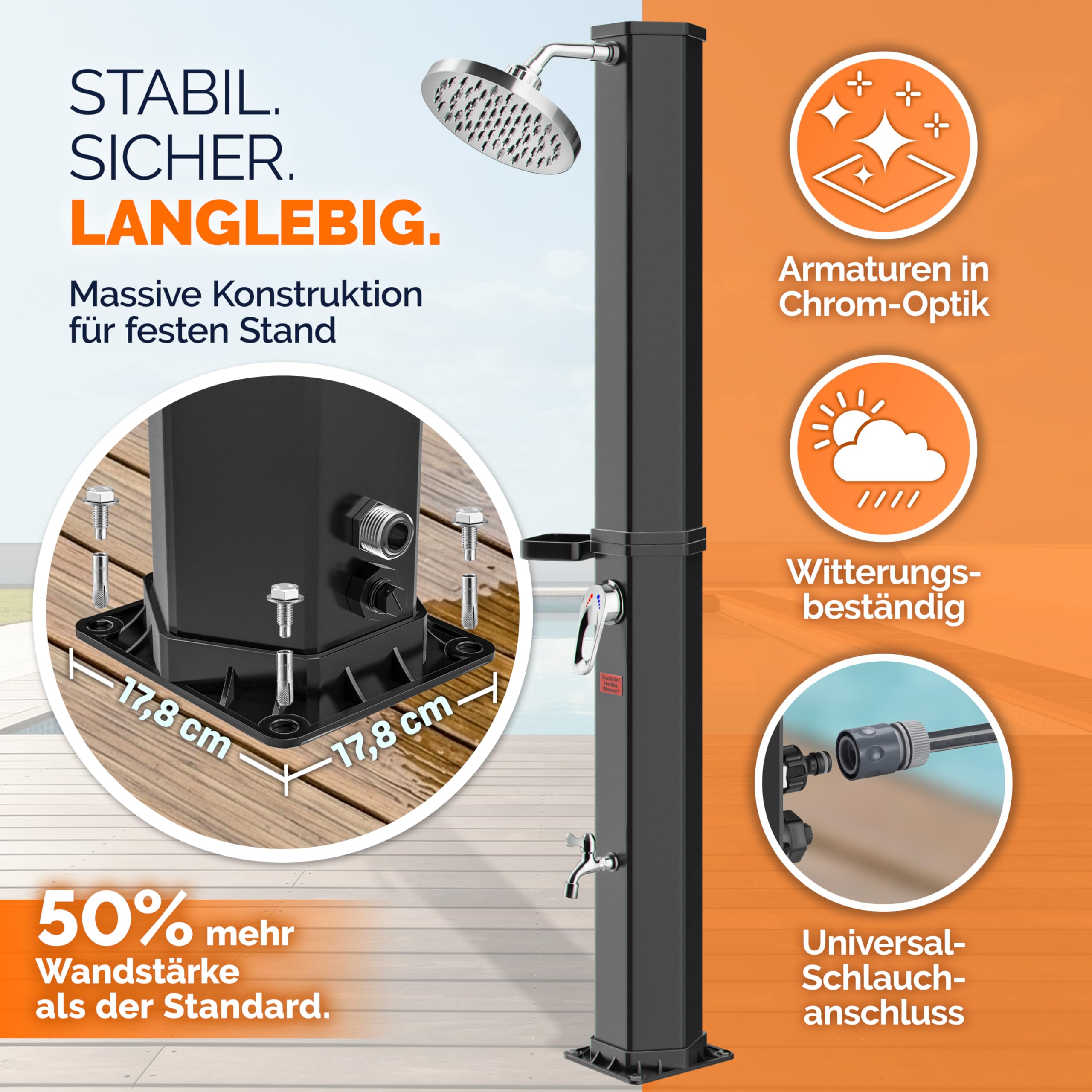 Casaria® Solardusche 35 Liter UV-beständig Ablage 105GSM Schutzhaube Regendusche Pooldusche Campingdusche 60°C Warmes Wasser Dusche Außendusche
