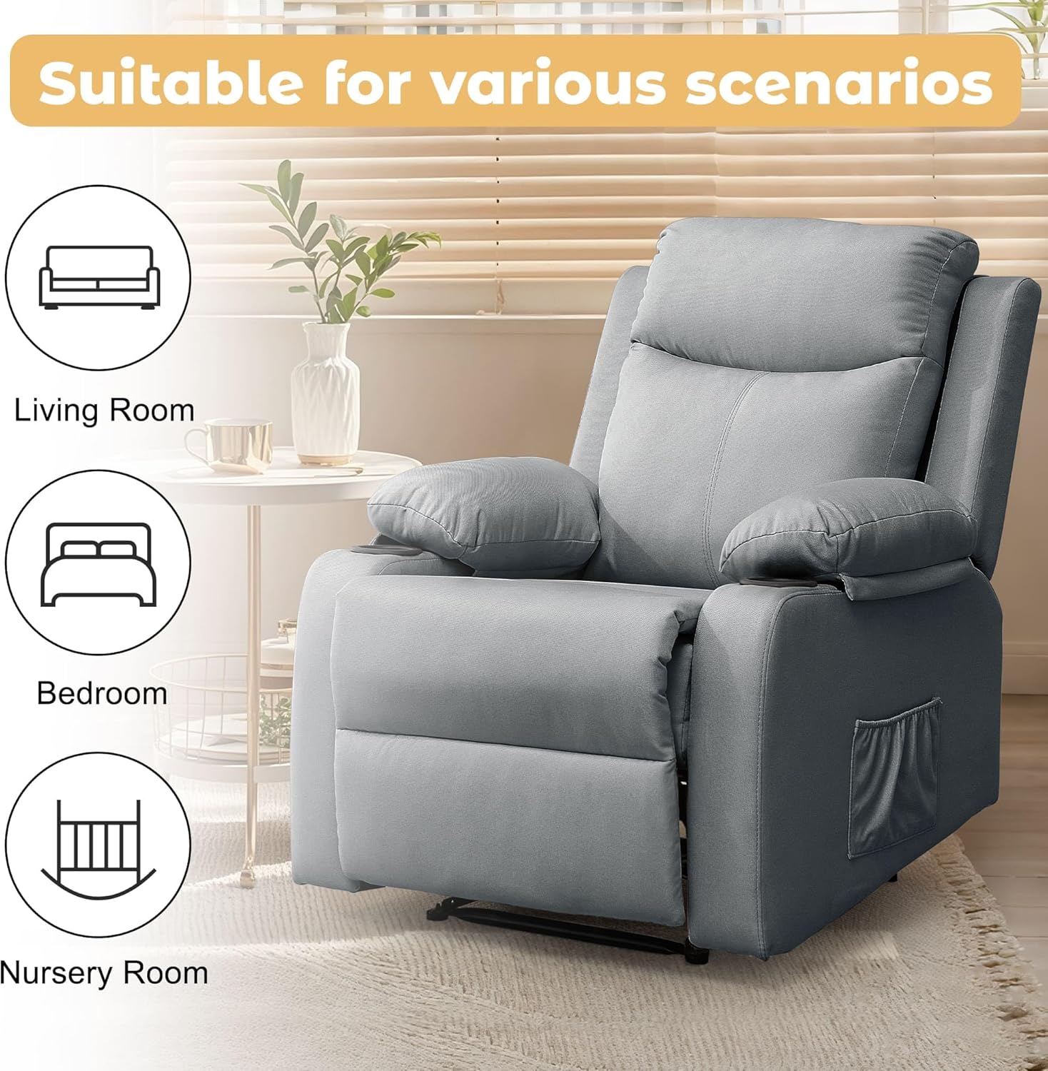 Korser Recliner Chair for Adults, Small Recliners for Small Spaces, Nursery Recliner with Adjustable Backrest, Manual Recliner with Cup Holders and Side Pockets, Chair for Living Room, Lightgrey