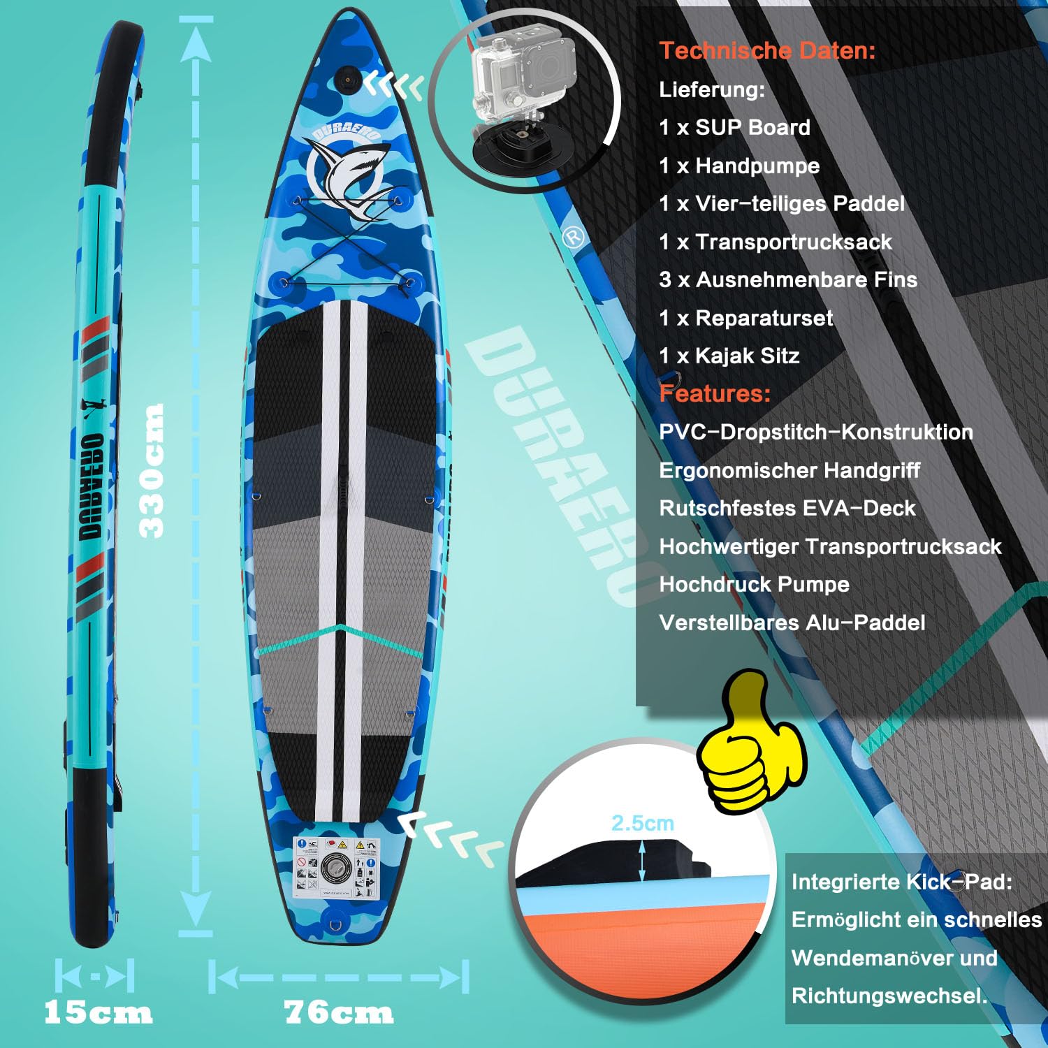 Stand up paddle gonfiabile, sedile per kayak e supporto per fotocamera, pagaia 2 in 1, 330 x 76 x 15 cm, fino a 150 kg, pompa con cinghia da piede, zaino