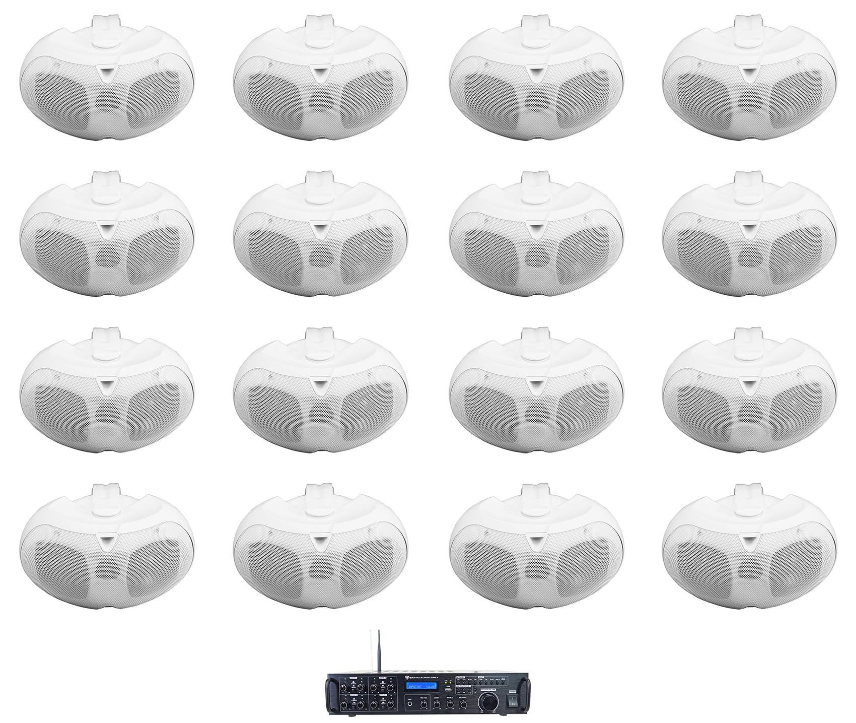 RockvilleBundle: (1) Rock Zone 8 Channel 1000W RMS Multi Room Receiver/Amplifier Bundle with (16) D4-8 White Comm Dual 4" Wall Mount Swivel Outdoor Commercial Speaker (17 Items)