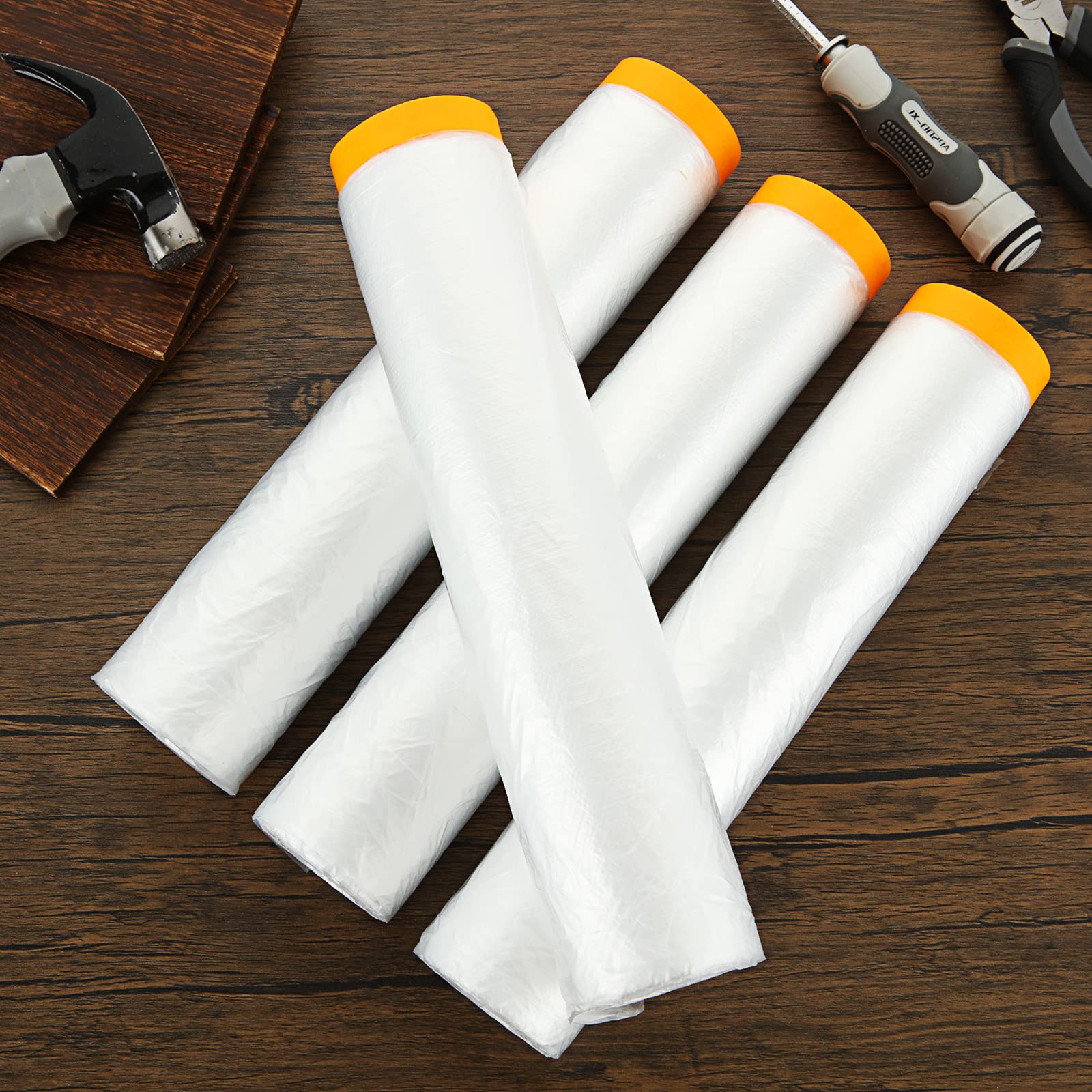 Lot de 4 rouleaux de film de masquage transparent de 240 cm x 20 m avec ruban adhésif en tissu, film anti-poussière en plastique pour travaux de peinture, couvertures de meubles