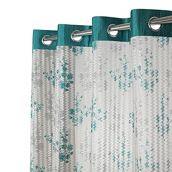 Reyansh Decor 5 FT (152 cm) Polyester Tissue Net Transparent Printed Eyelet Window Curtain, Aqua Pack of 2