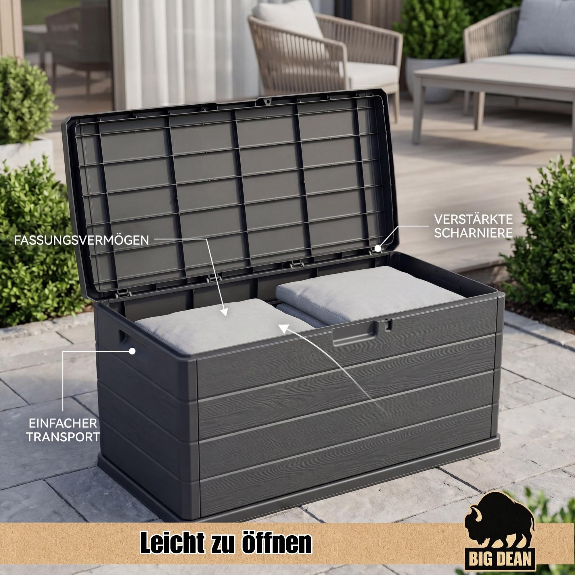 BigDean Auflagenbox Kissenbox Klicksystem 340 Liter Deckel abschließbar | Stabiler und überlappender Deckel hält Feuchtigkeit fern