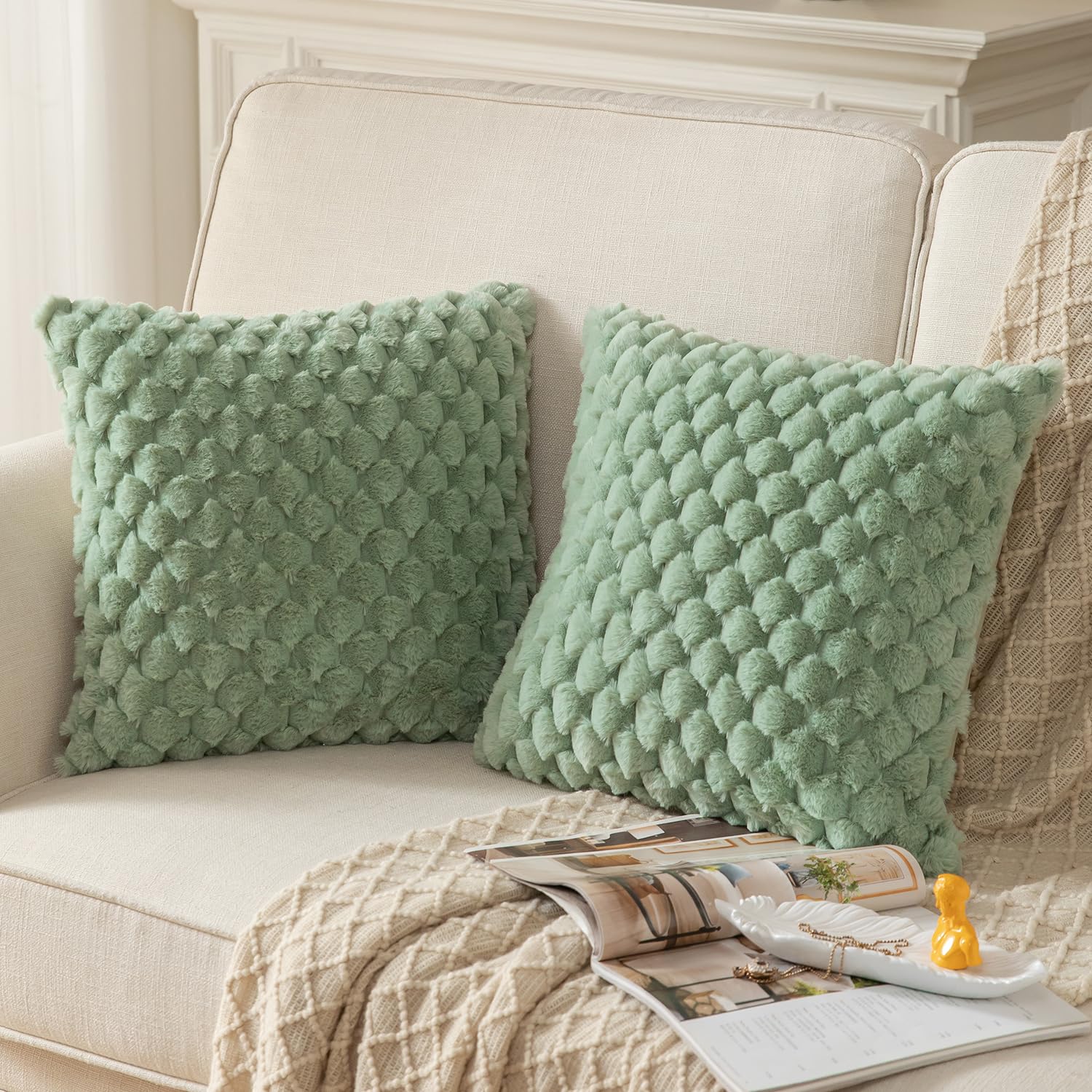 Mandioo Pack of 2 Sage Green Super Soft Plush Decorative Cushion Covers 26x26 inch 65x65 cm Wool Velvet Throw Pillow Covers cases Faux Fur fluffy Couch Sofa Bed Livingroom - Image 2