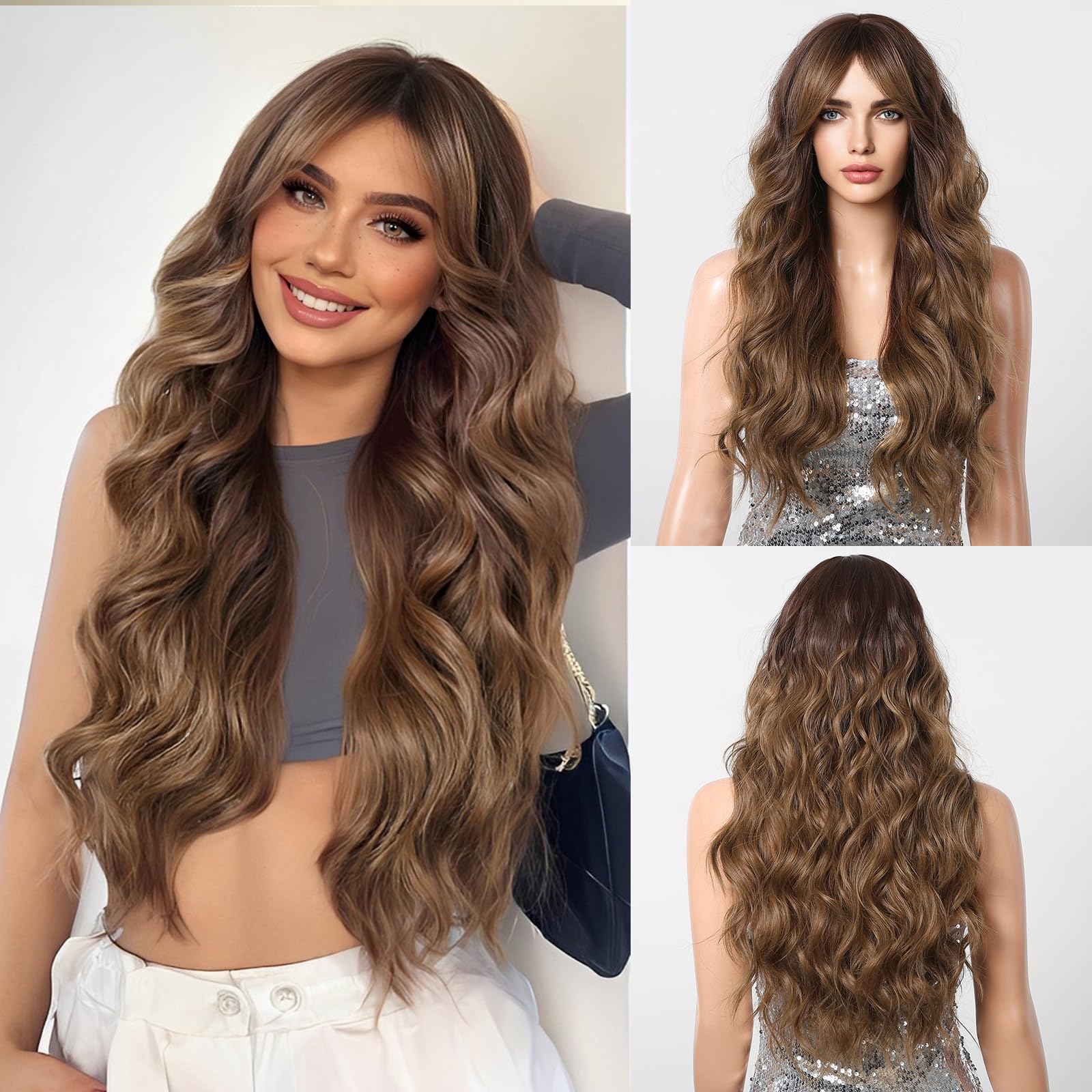 Ombre Brown Wig 26 Inch Long Curly Wigs for Women Synthetic Hair Wavy Wig,Natural Hair Wig With Bang for Daily Party Use