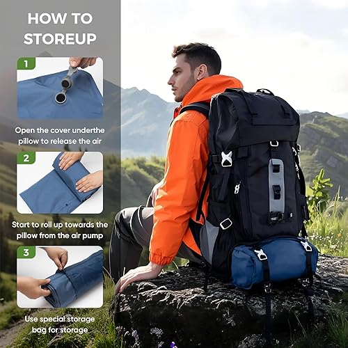 Miniatura 8 de Colchoneta de dormir para campamento, colchón ligero de campamento con almohada integrada, bomba de pie, alfombrilla inflable compacta y portátil,