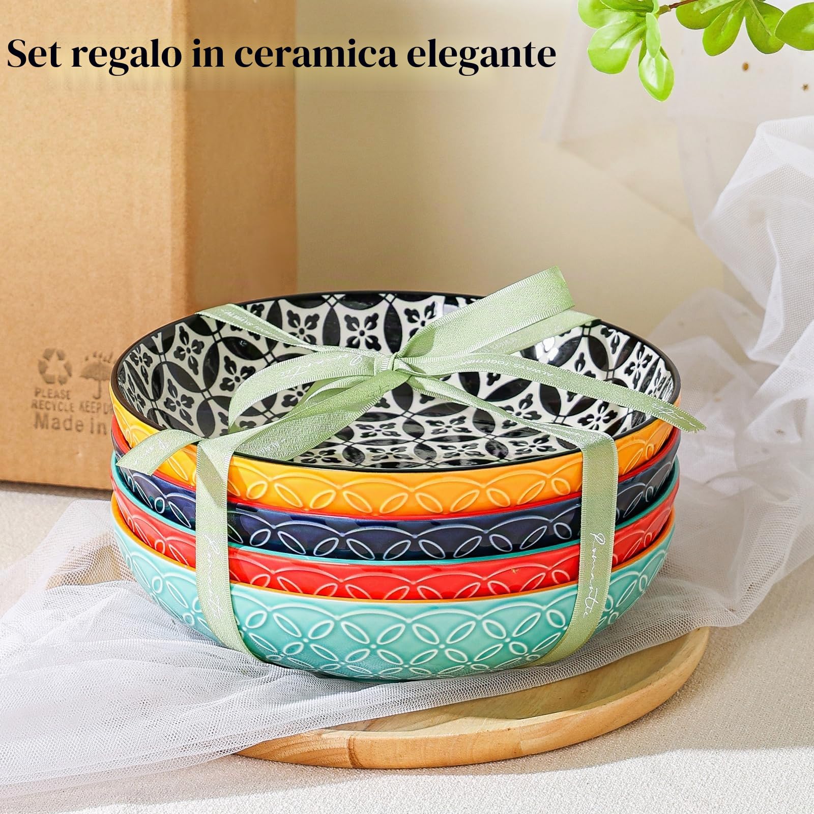 DOWAN Ciotole per Pasta dai Colori Vivaci, Grandi 20,5 cm, in Porcellana Set di 4, Ciotole per Pasta, Insalata, Zuppa, Farina d'Avena, Motivo Misto