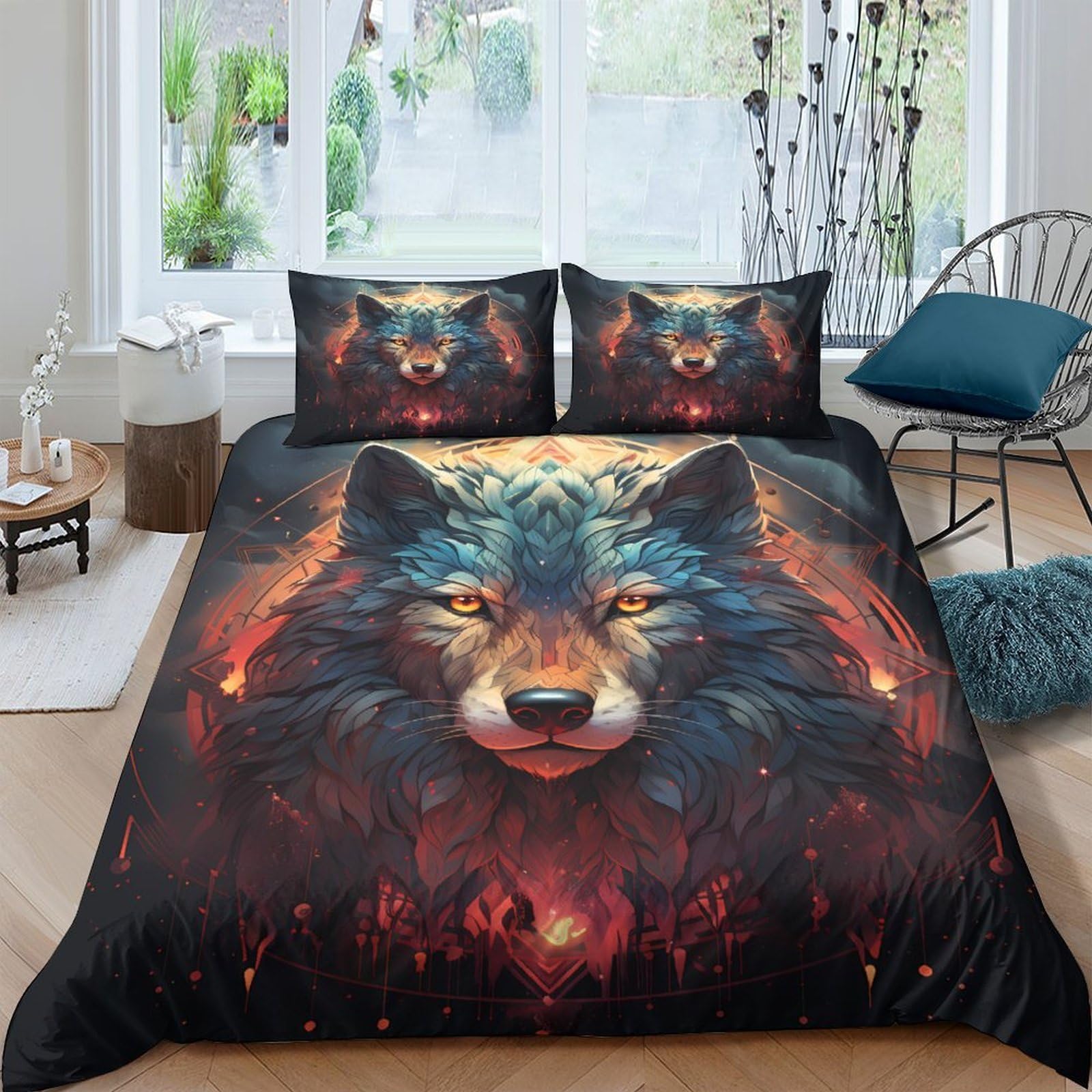 Ctjqhvkz Style-6 3D Printed Wolf Fire Fitted Sheet Microfiber Soft Breathable Forest Night Mattress Cover For Bedroom Dorm Decor Single（135X200cm）