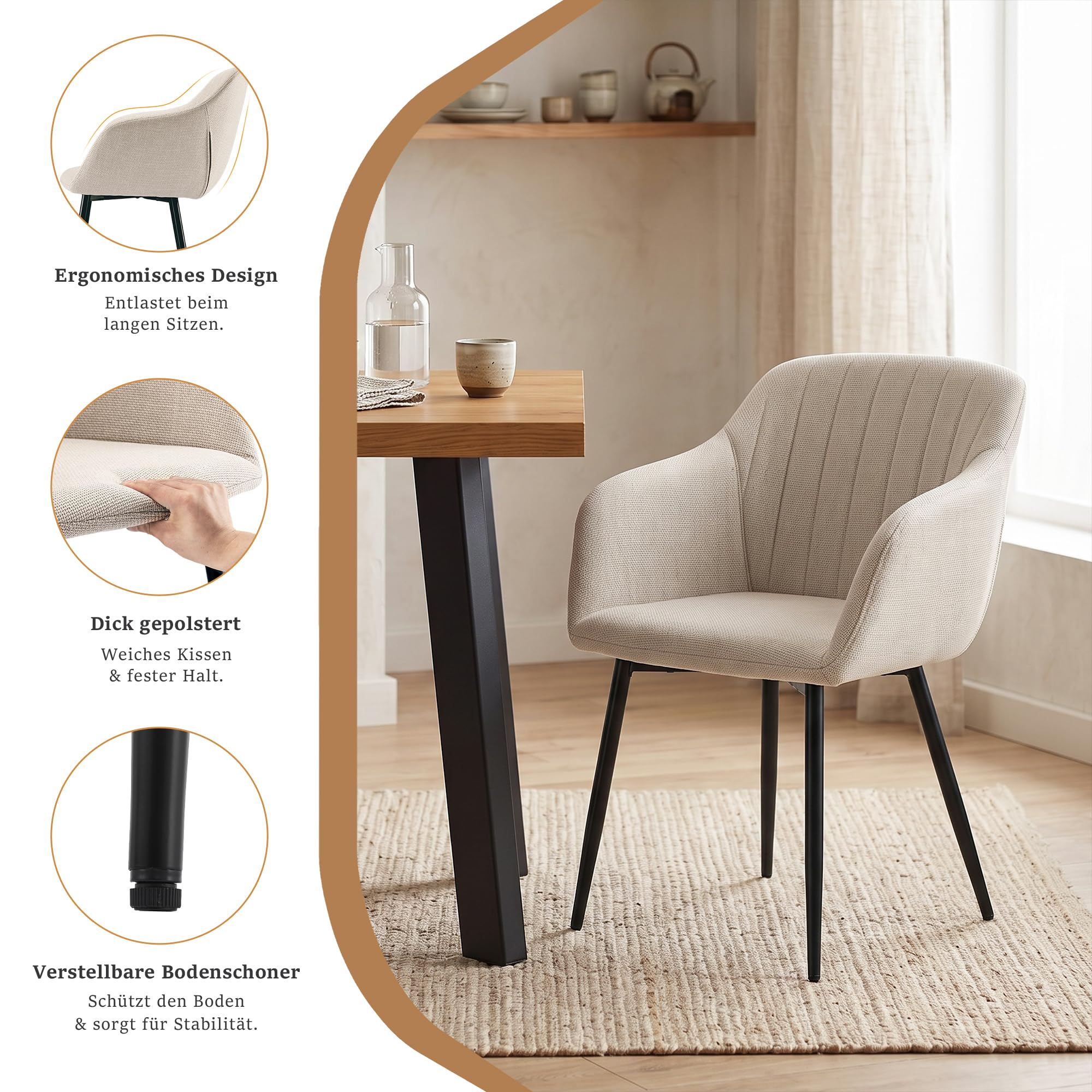 Essgruppe 7-Teilig, Esstisch 160x80cm mit 6 Stühlen, Moderner Küchentisch Set 6 Personen, Esszimmergruppe mit Beige Polsterstühlen in Leinen, Tischgruppe für Esszimmer und Wohnzimmer