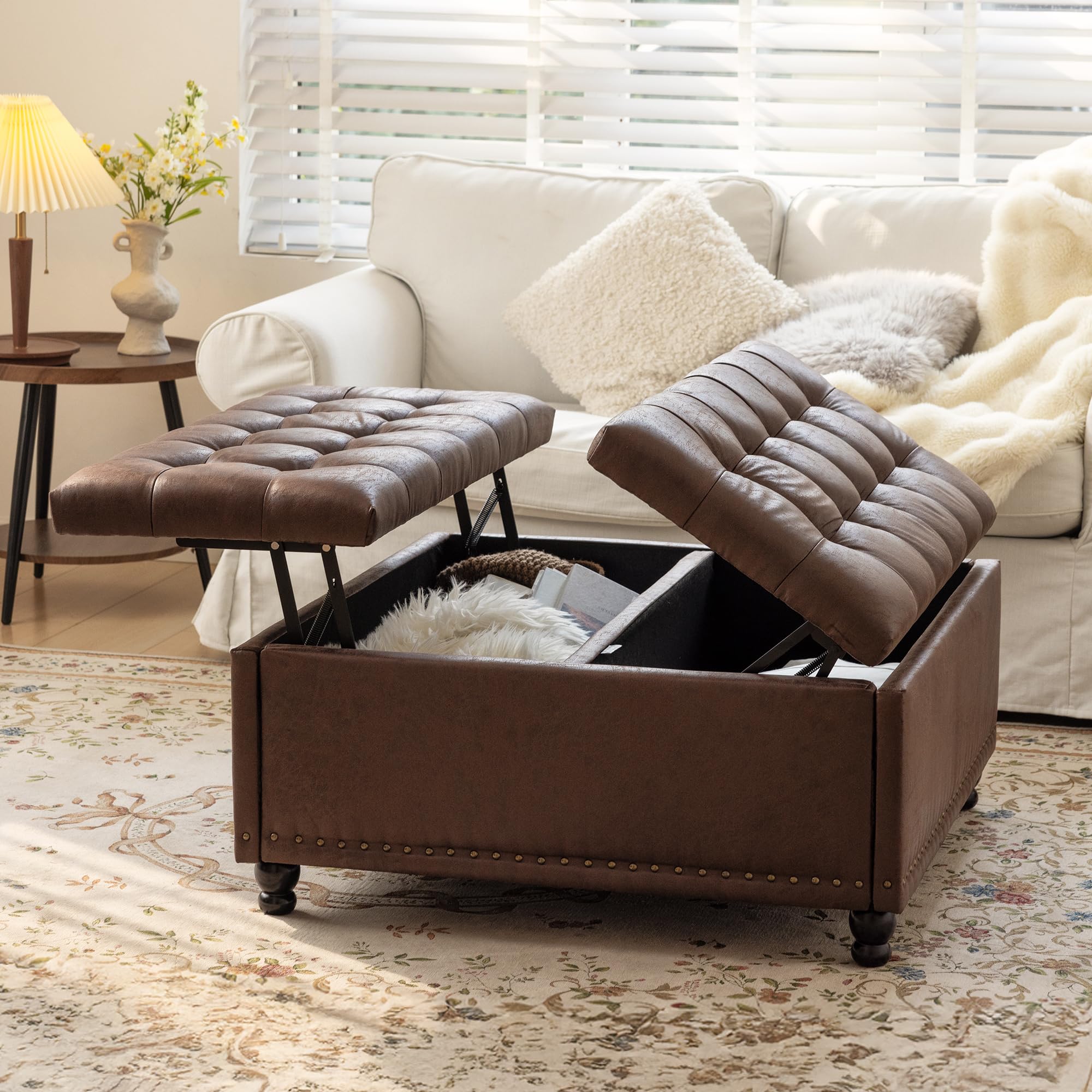 Redlife 35 Inch Large Square Storage Ottoman, Storage Ottoman Coffee Table with Lift Top Faux Leather Ottomans Bench Square Footrest Oversized Upholstered Coffee Table for Living Room (Dark Brown)