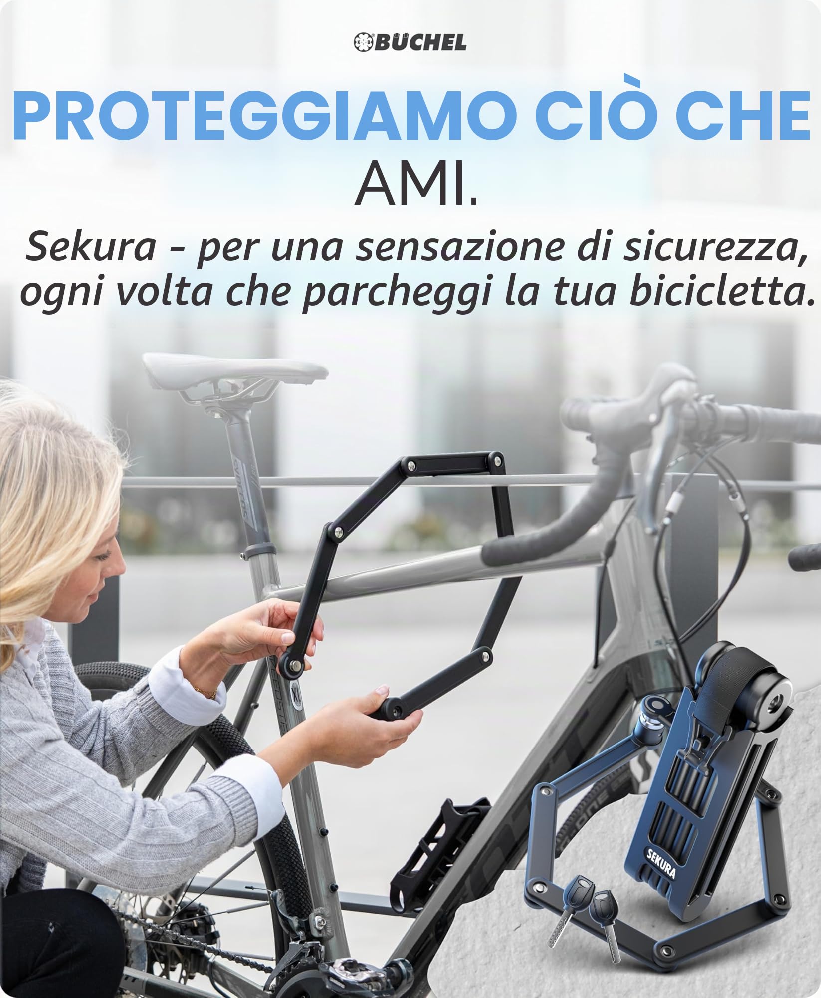 BÜCHEL Sekura Lucchetto Bici 85 cm – Catena Antifurto in Acciaio Temperato per E-Bike, Moto, Bicicletta con Supporto e 3 Chiavi