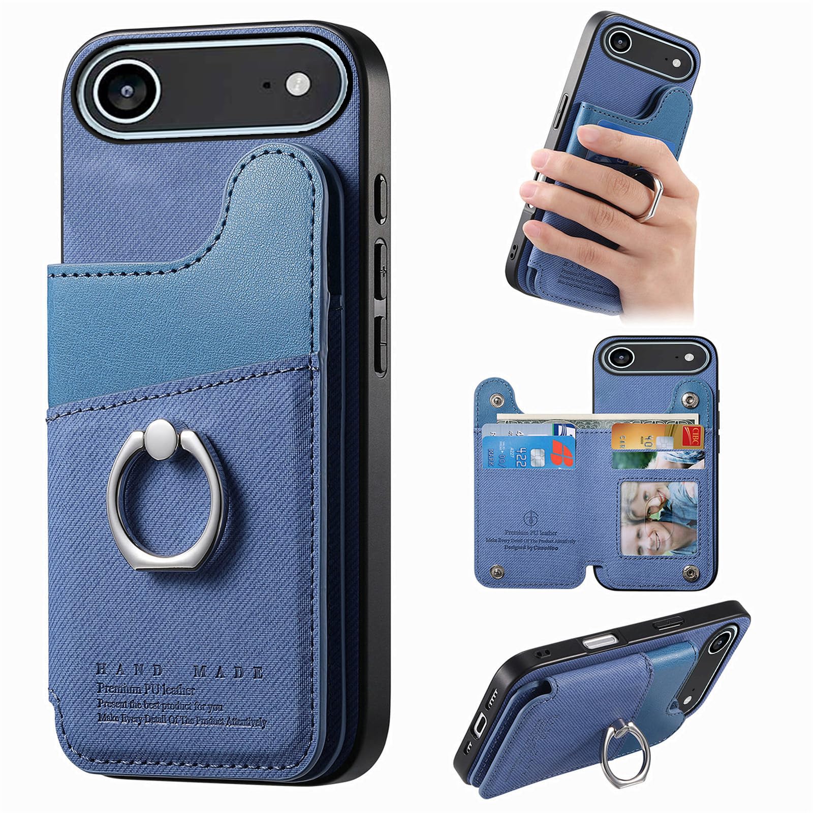 ONETHEFUL 対応 iphone 17 air ケース 手帳型 背面 カード収納 あいふおん17air ケース スタンド機能 リング付き いphone17 どえあ カバー 財布型 For iphone17 air カバー カメラ保護 PUレザー RFIDブロッキング 360°回転 TPU全面保護ブルー