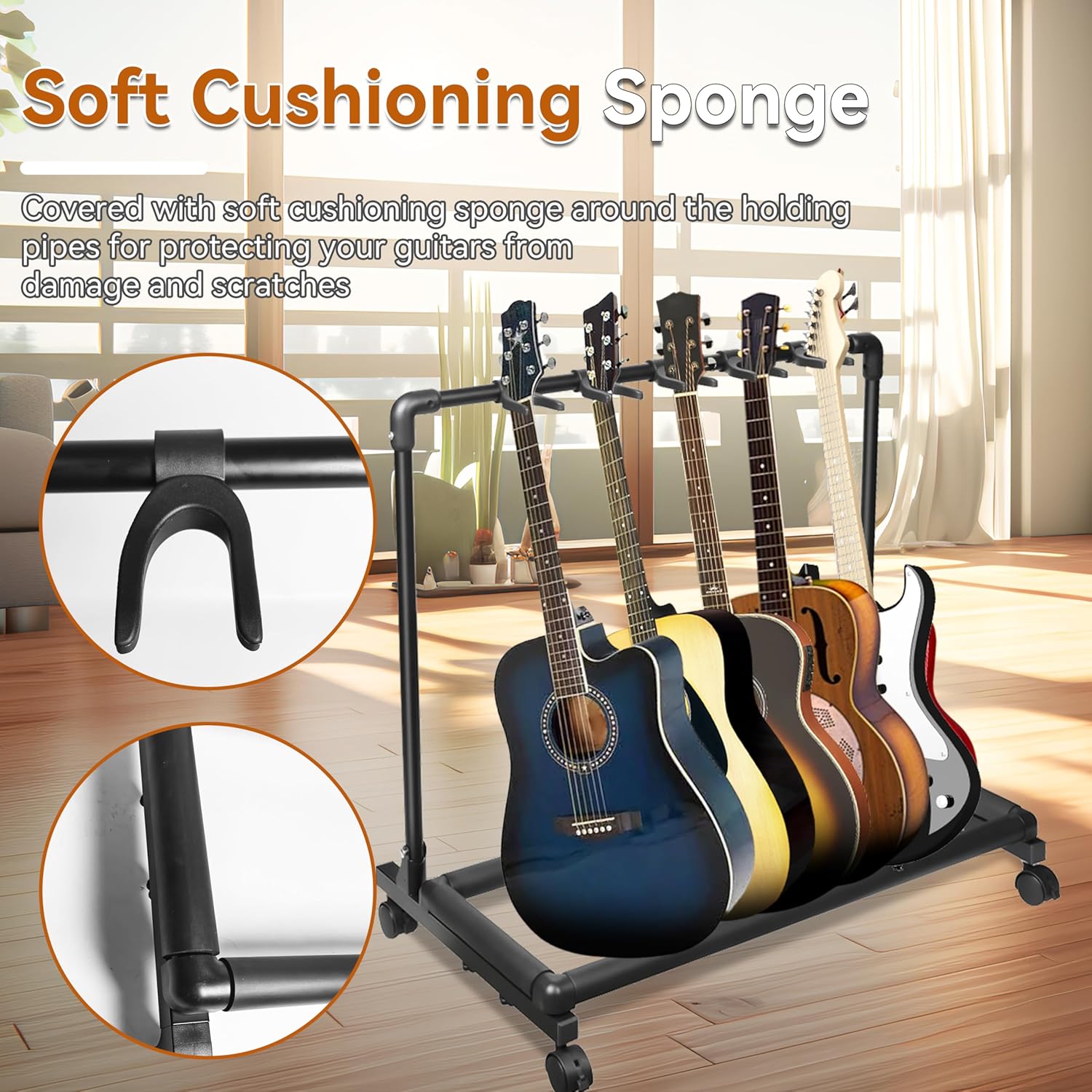 AZOR 5 Multi Guitar Stand Rack with Wheels, Foldable Design 5 Holder Multiple Guitar Rack for Acoustic Electric Guitar, Bass, Soft Cushioning Sponge Protects Your Instruments
