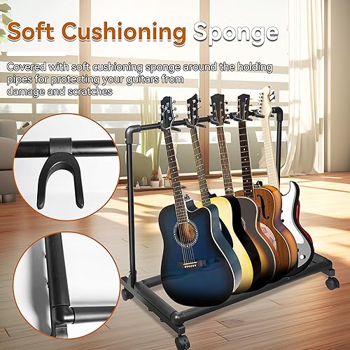 Miniatura 10 de AZOR Soporte para 7 guitarras con diseño plegable, 7 soportes para guitarra eléctrica acústica, bajo, esponja de amortiguación suave que protege tus