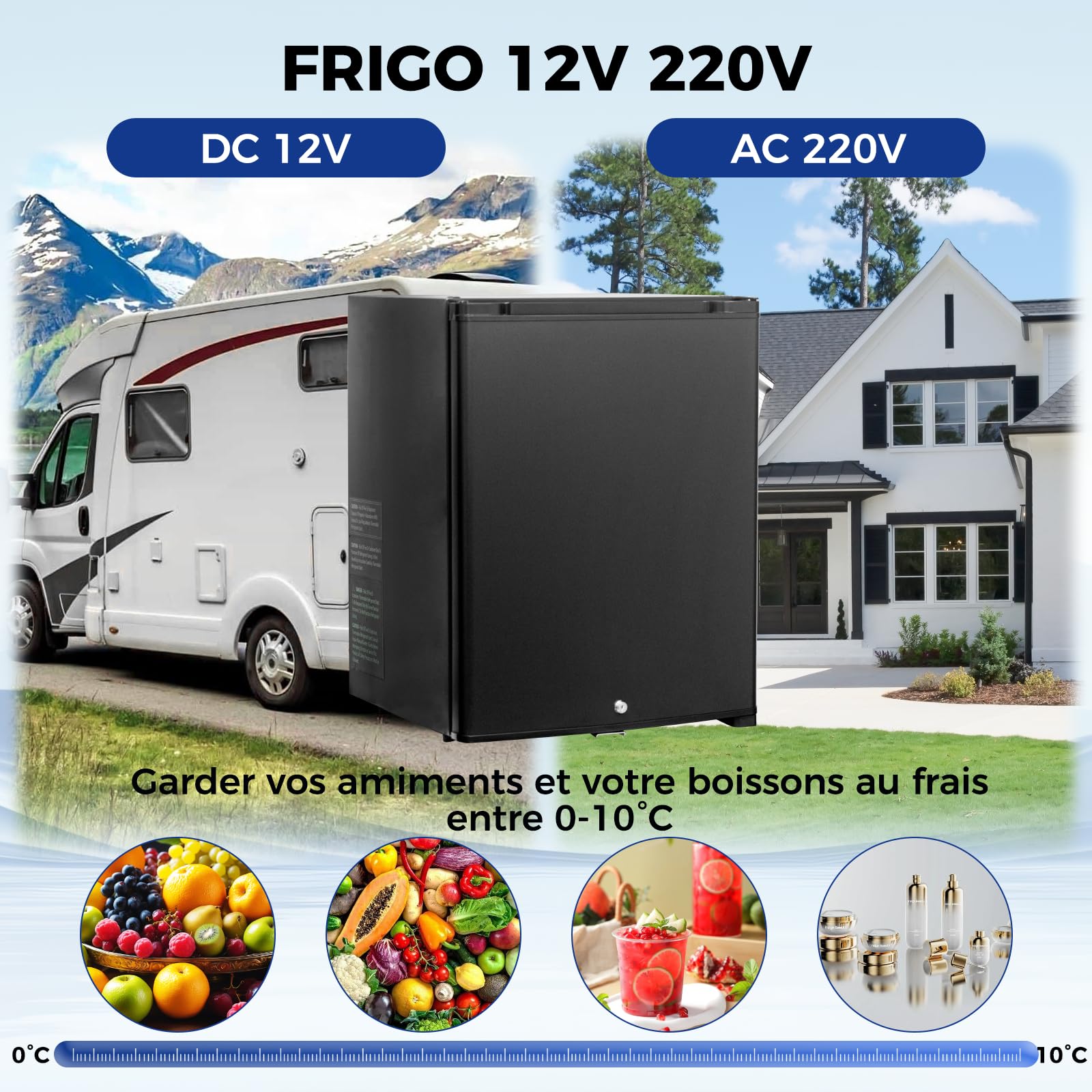 Smad Fridge 12 V 220 V, 53 L, Camping Motorhome, with Reversible Door and Lock, Silent Fridge for Bedroom, Hotel, Camping, Caravan, Van Furnished, Black