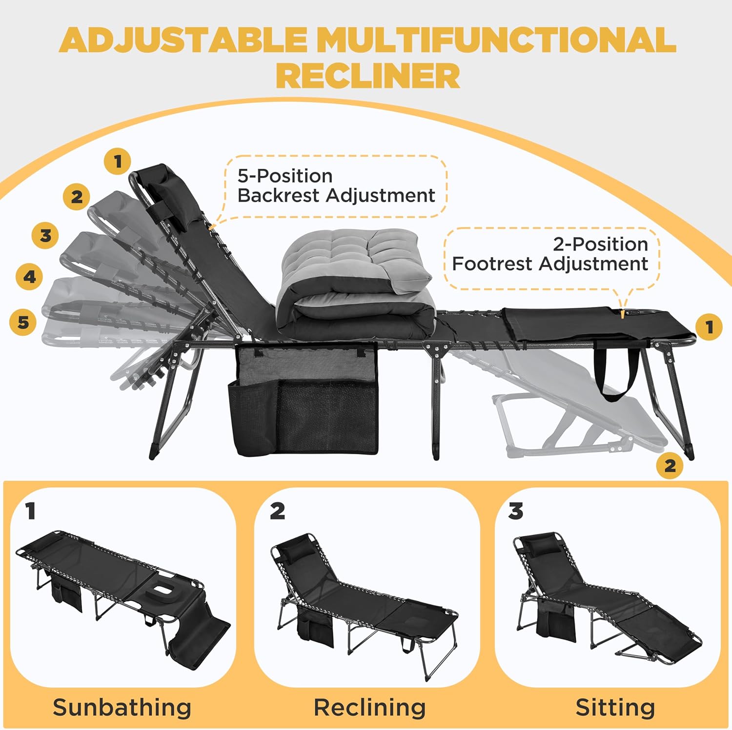 Diagram showing the 5-position adjustable backrest and 2-position footrest of the Yaheetech Tanning Chair, illustrating how to change reclining angles.