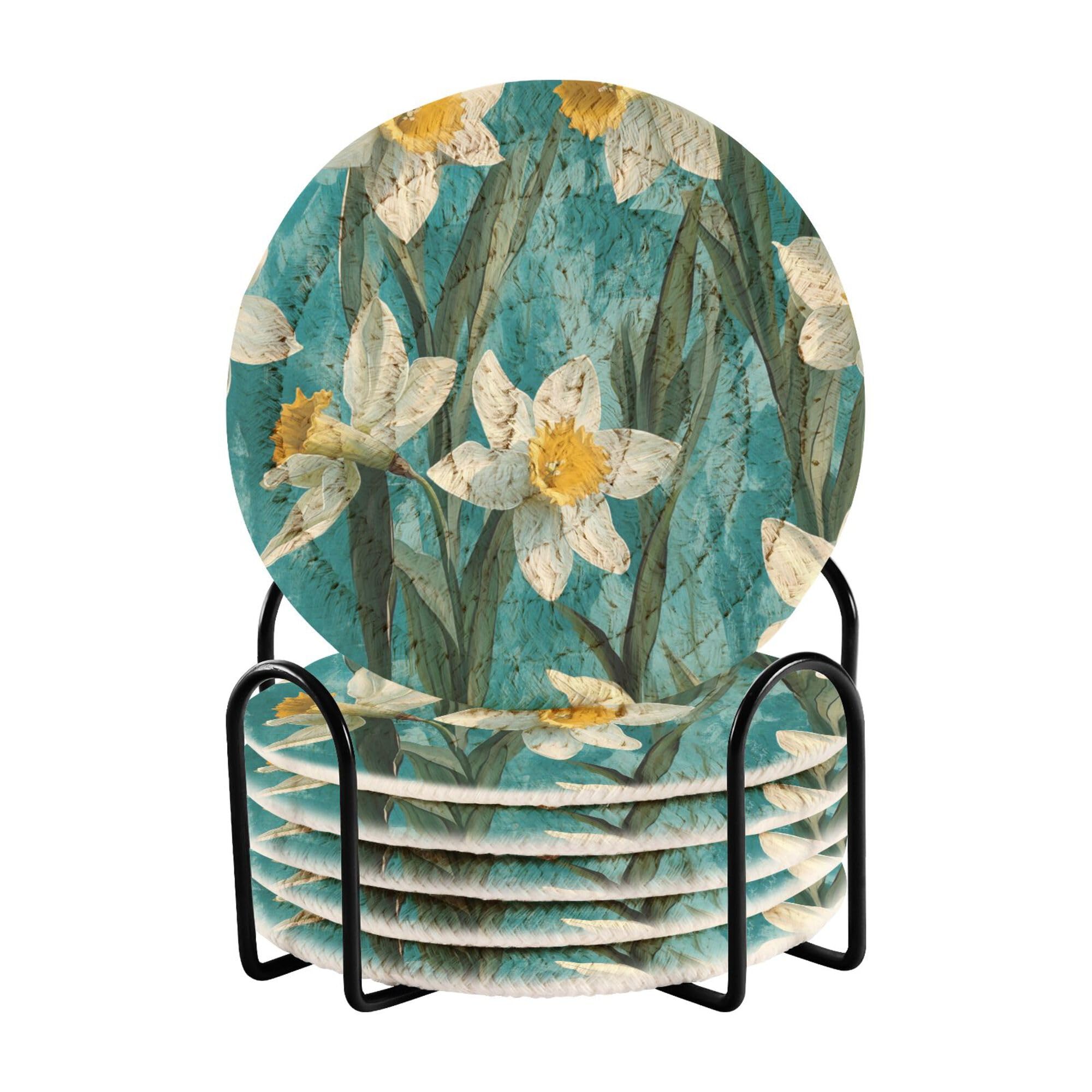 Aesthetic Narcissus Turquoise Cotton Rope Drink Coasters Absorbent and Holder Set of 6 Table Cup Coasters Absorbent