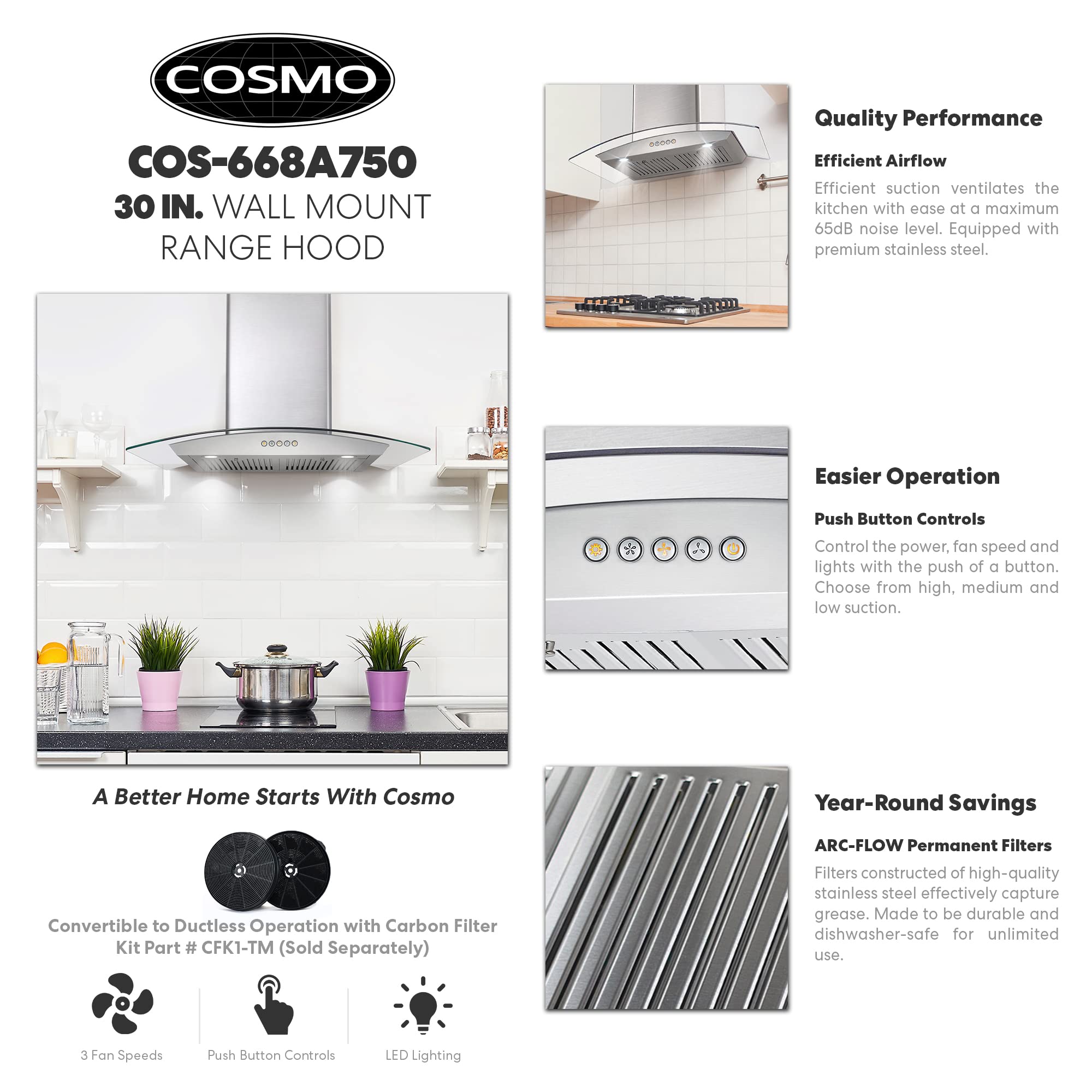 Buy Wall Mount Range Hood 380CFM with Ducted Glass Chimney Kitchen