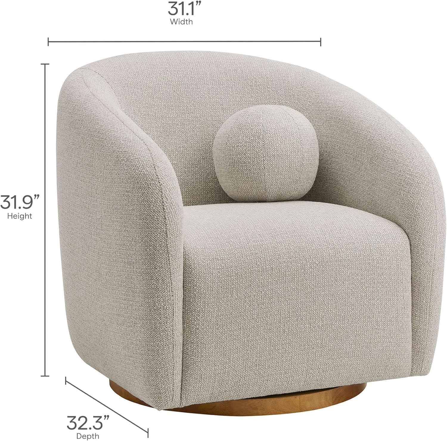 Modway Holland Curved Swivel Armchair in Dove Gray – Chenille Fabric Barrel Chair with Ball Throw Pillow and Wood Base – Mid-Century Modern Curved Living Room Accent Chair