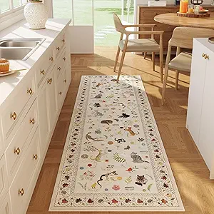 Runner Rug for Kitchen Non Slip 2'x6' Washable Rugs with Rubber Backing Soft Floral Animal Cat Carpet for Kitchen Laundry Bedroom Bathroom, Beige