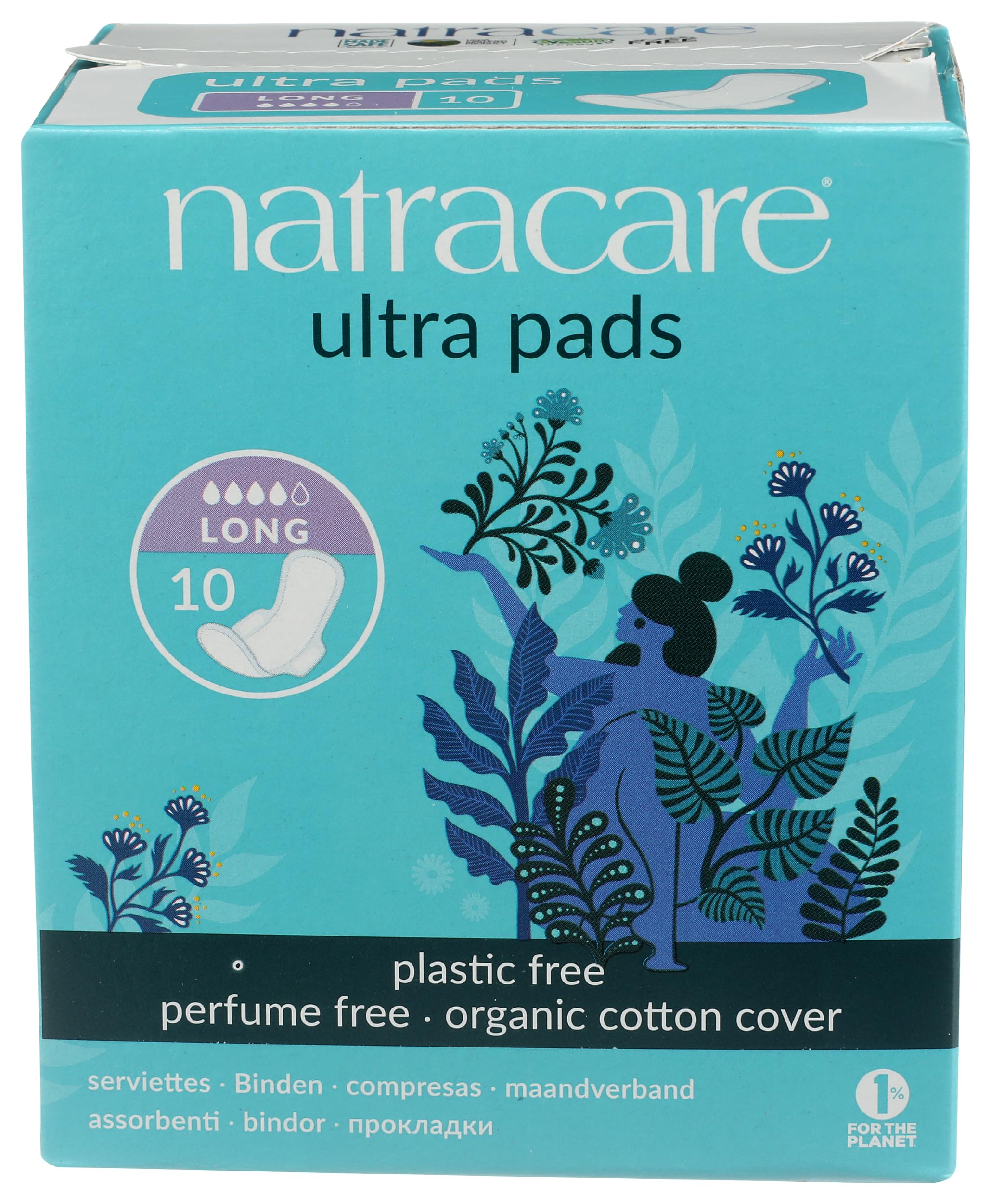 Natracare Slim Fitting Ultra Pads with Wings, Long, Made with Certified Organic Cotton, Ecologically Certified Cellulose Pulp and Plant Starch (1 Pack, 10 Pads Total)