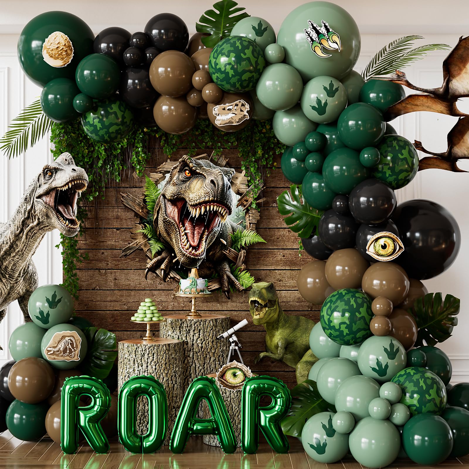 Adeyoo Dinosaur Balloons Arch Kit Garland - 133Pcs Green and Black Balloons Arch with Brown Camo Latex Balloon Roar Foil Letter Balloon Dinosaur Stickers for Jungle Safari Dino Party Decorations — image 1