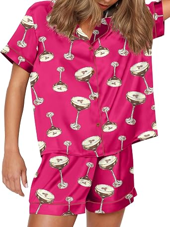 SHESHOW Satin Pajamas for Women Set Preppy Animals Pjs Short Sleeve Shorts 2 Piece Loungewear Sets XS-XXL