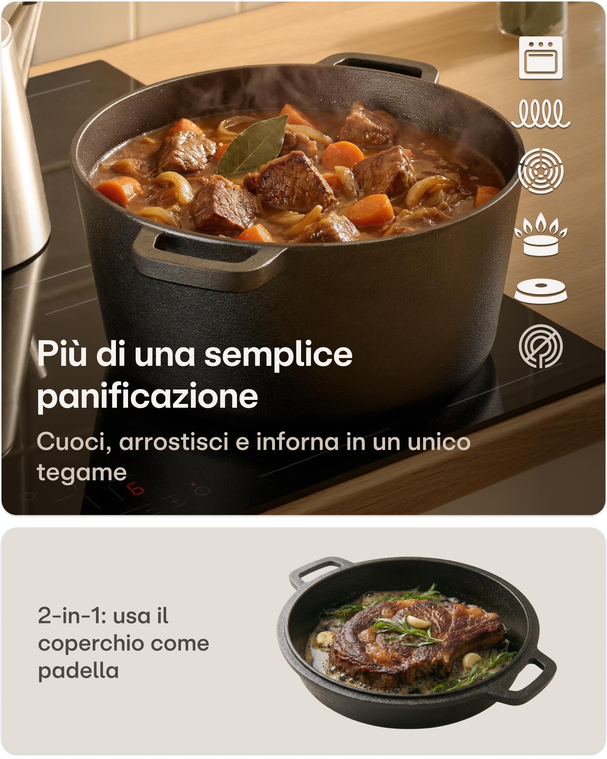 Praknu Pentola Ghisa 26 cm – Casseruola In Ghisa Set – con Cestino Lievitazione & Sacchetto Per Pane – Coperchio Incluso – 4,7 L Dutch Oven