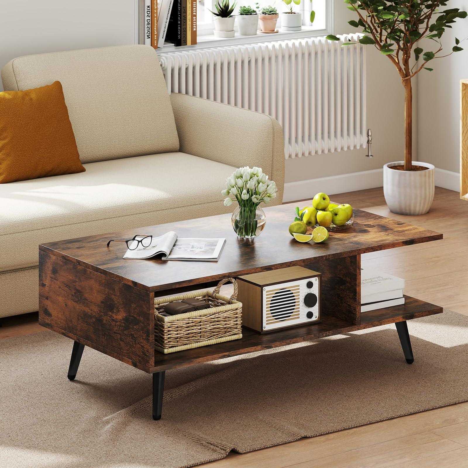 COSTWAY Mesa de Centro con Almacenamiento, Mesa Auxiliar Moderna con Estante Abierto, Mesita Central Rectangular de 2 Niveles con Patas Metálicas para Salon (Café)