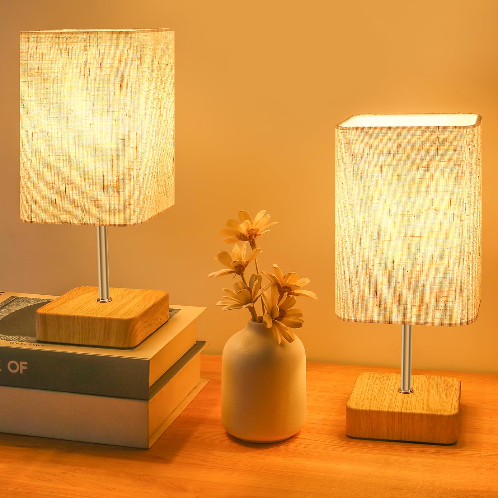 Jayencer 2 Piezas Lámpara Mesita Noche Táctil, Lámpara Dormitorio Mesita con 3 Niveles de Brillo, Pantalla de Tela de Lino Beige, Pequeña Lámpara de Noche para Dormitorio, Salón(Bombilla Incluida)