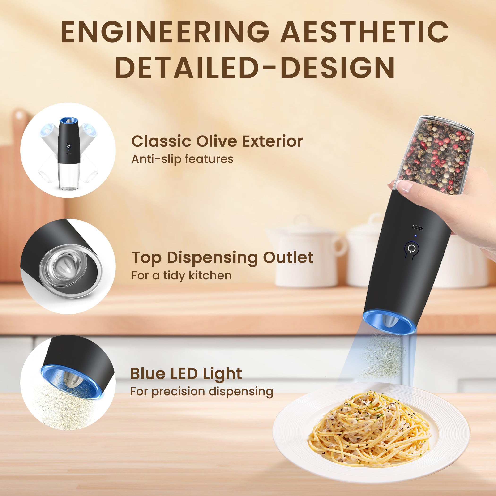 KIARYUOLL Rechargeable Electric Salt & Pepper Grinder Set - Adjustable Coarseness, LED Light