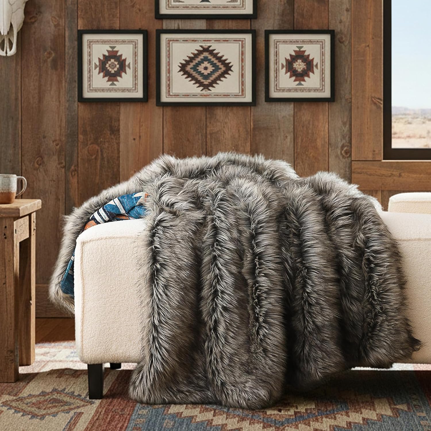 Luxury Plush Faux Fur Throw Blanket with Aztec Pattern, Super Warm, Fuzzy, Elegant, Fluffy Decoration Blanket for Couch, Armchair, Sofa and Bed, 60''x 80'', Teal - Image 2