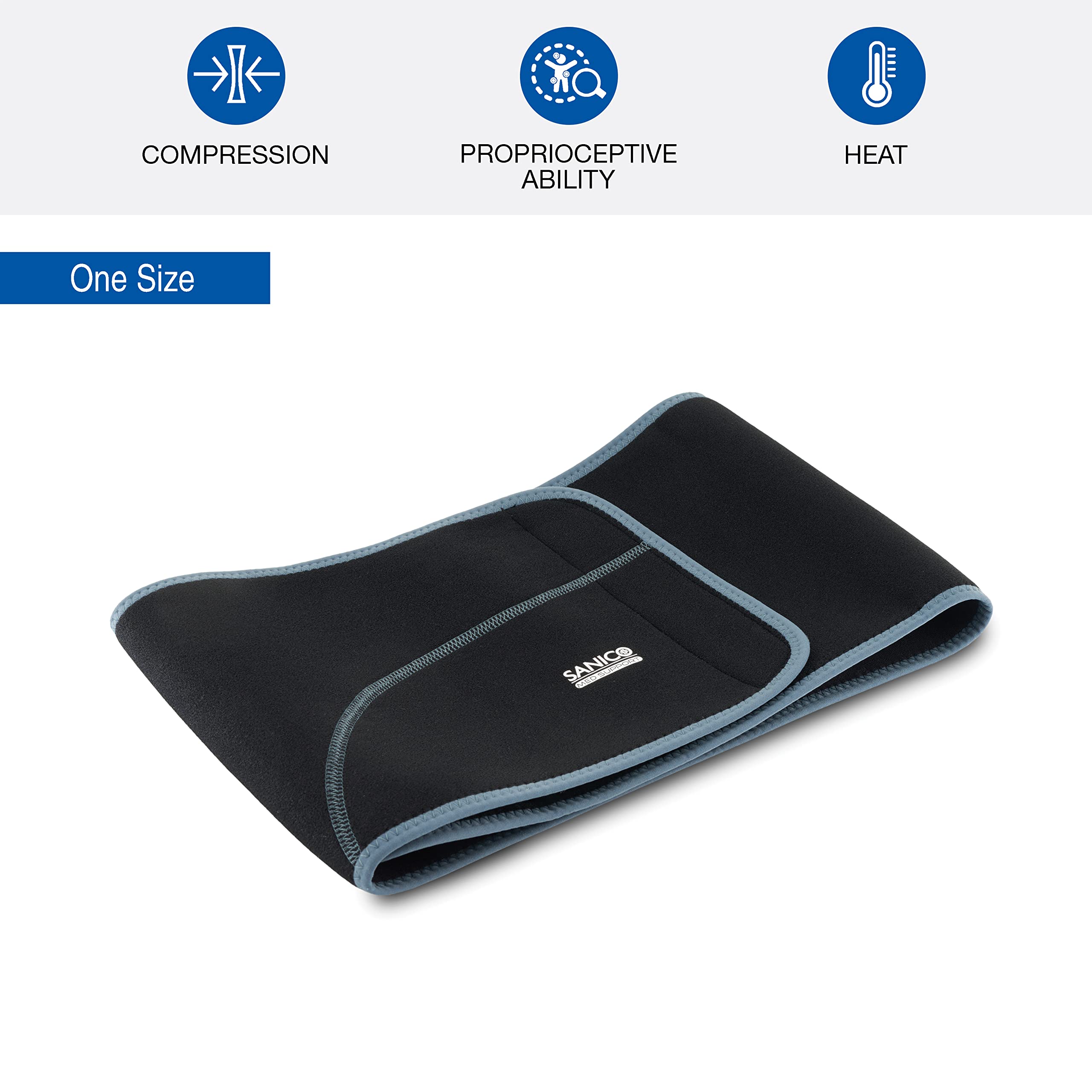 SANICO Fascia Lombare Supporto Schiena - Tutore Ortopedico Sacrolombare di Compressione e Sostegno - In Neoprene, per lombalgia Circolazione Sanguigna, e Protezione - Traspirante, 110x0,3x24cm