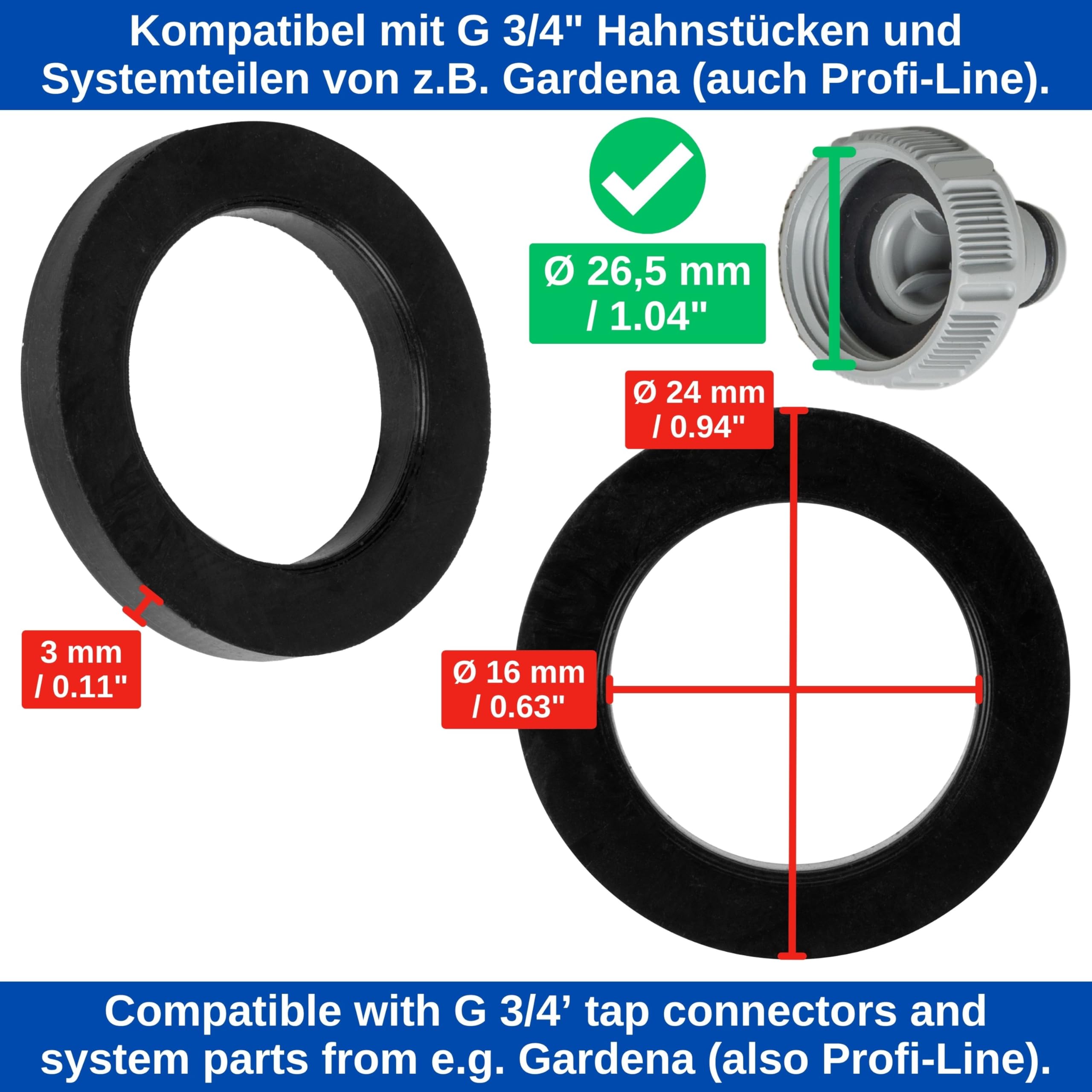 Replacement flat seals set, 25 pieces, for G 3/4" inch garden system parts, compatible with Gardena 26.5 mm tap connector - Image 4