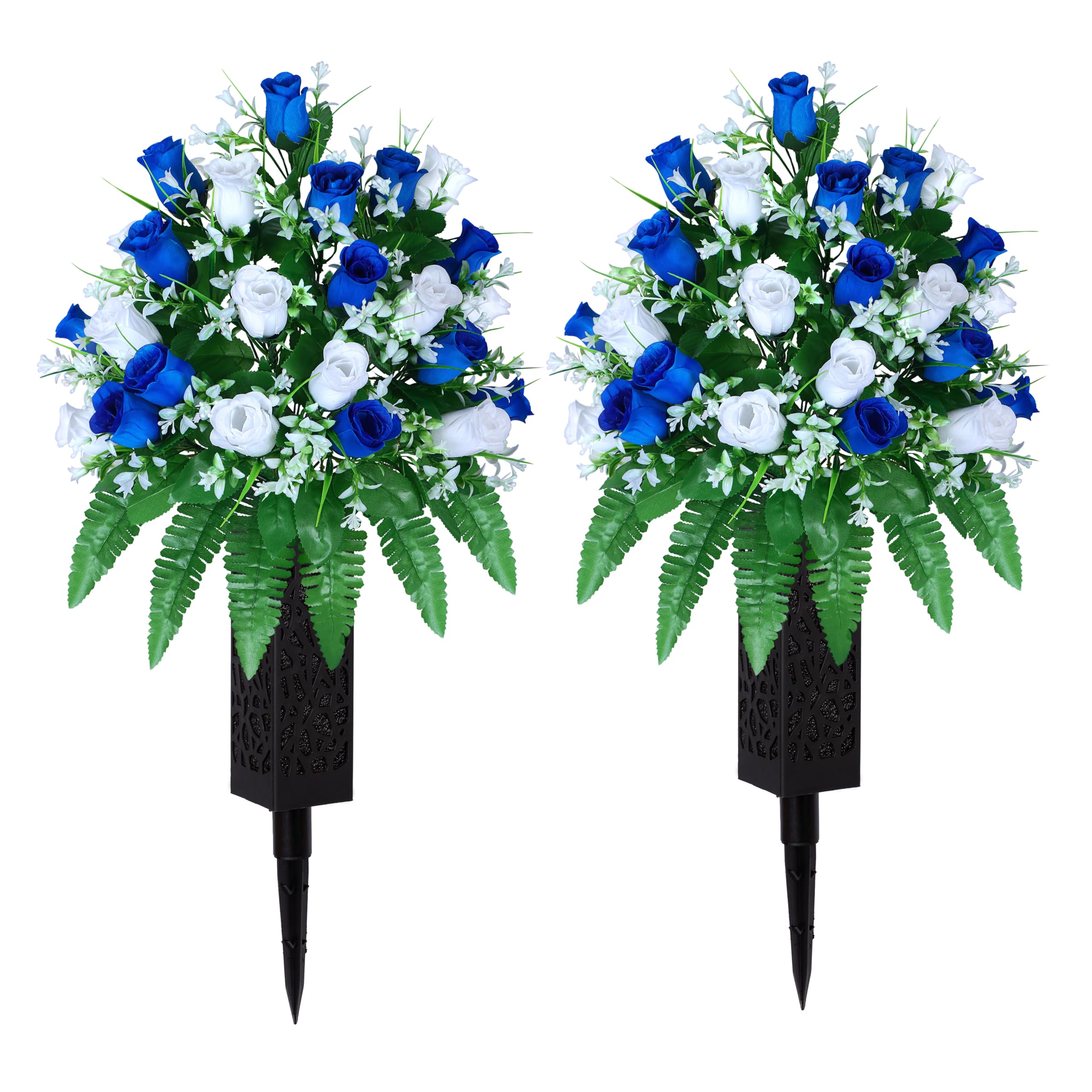 Artificial Cemetery Flowers, Gravesite Decoration Roses, Memorial Bouquets with Cemetery Vase, Vibrant and Long-Lasting Colors (Dark Blue+White, 2 Bundles)