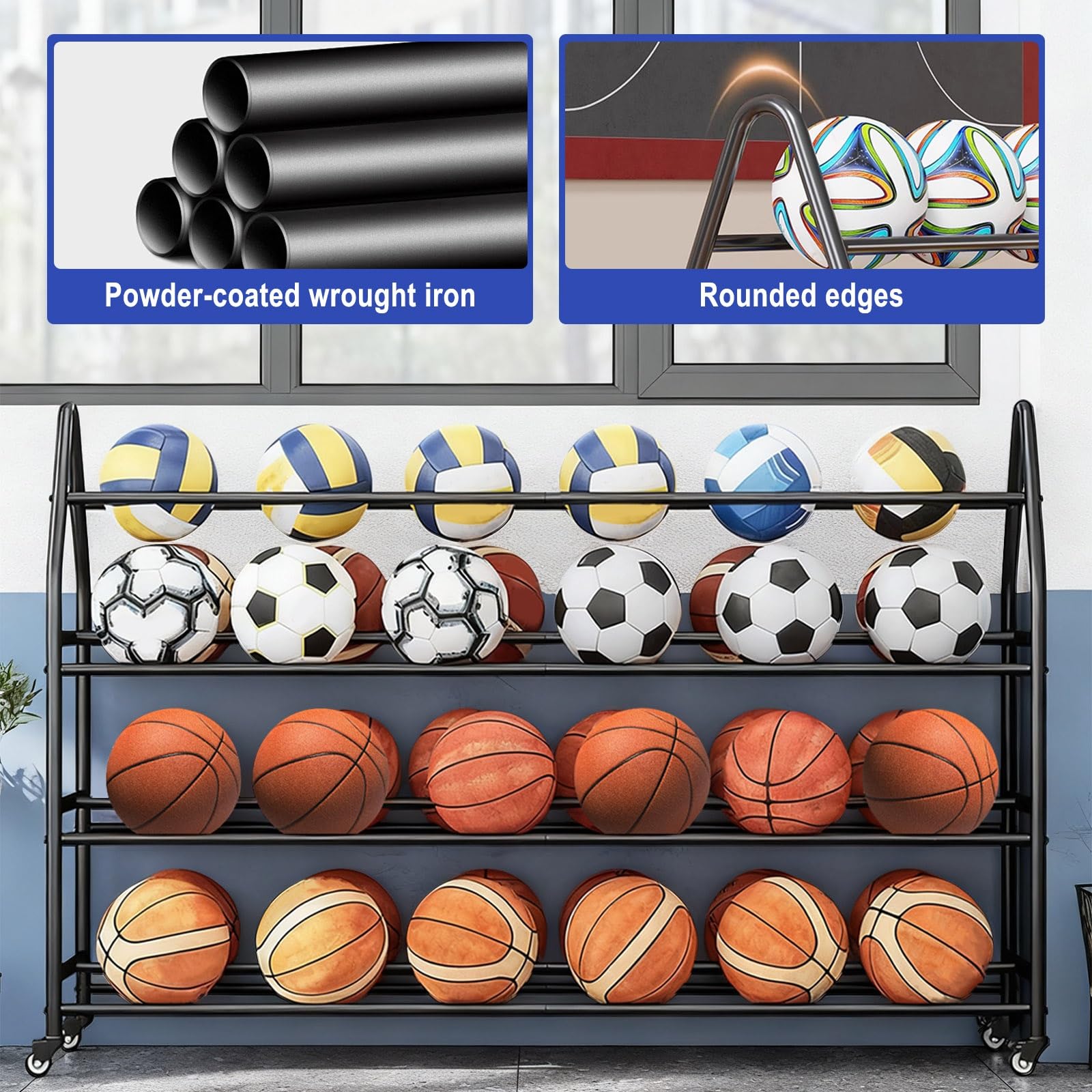 Estante de baloncesto para almacenamiento de pelotas, soporte vertical para equipos deportivos de interior/exterior, adecuado para pelotas de baloncesto y otras pelotas