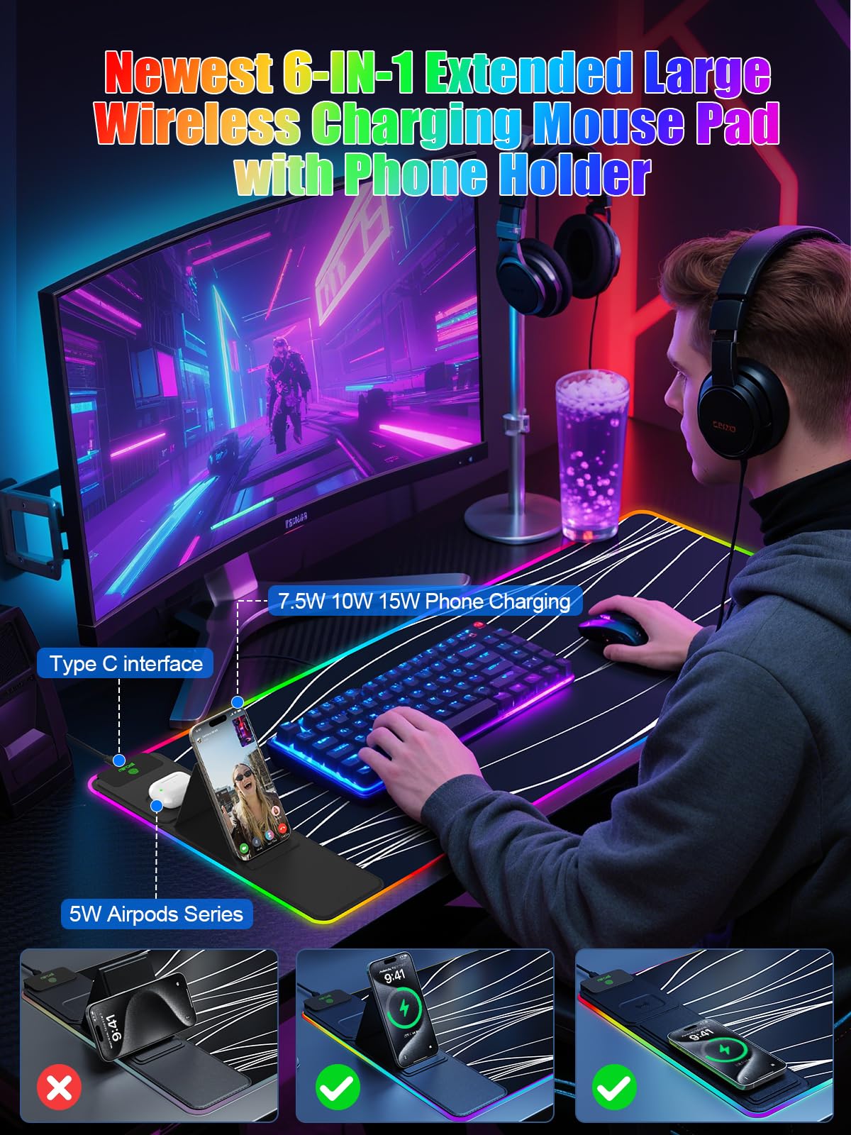 Alfombrilla de mouse con soporte plegable para teléfono y cargador inalámbrico, alfombrilla de mouse XXL RGB para juegos de 31.5 x 15.8 pulgadas, alfombrilla de escritorio grande para teclado
