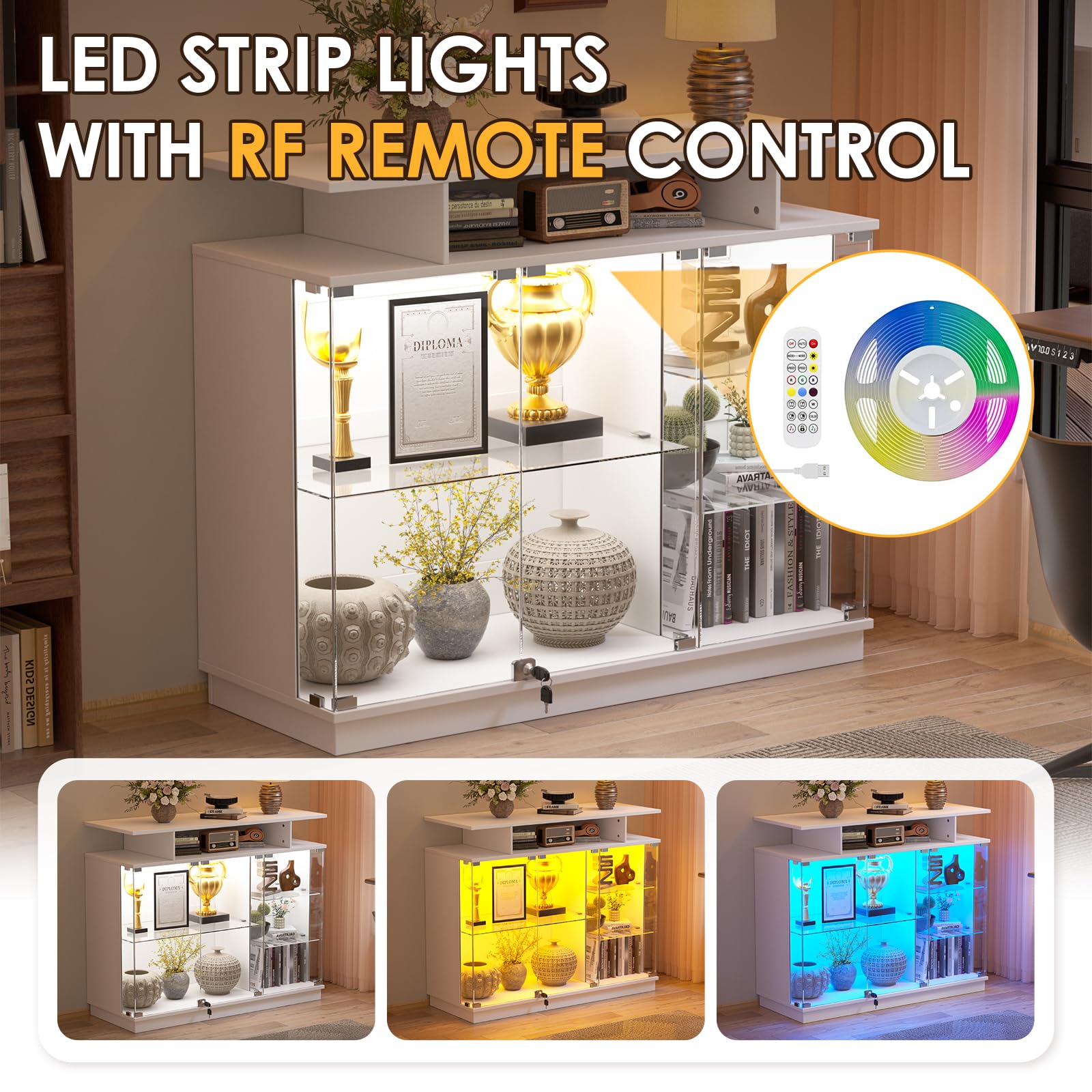 MSFE Vitrina de Cristal con LED, Vitrinas para Salon con Puerta de Cristal con Cerradura 3 Capas de Vitrina Expositora para Colecciones, Curio Vitrina para Sala de Estar, Blanco 120x38.6x100CM