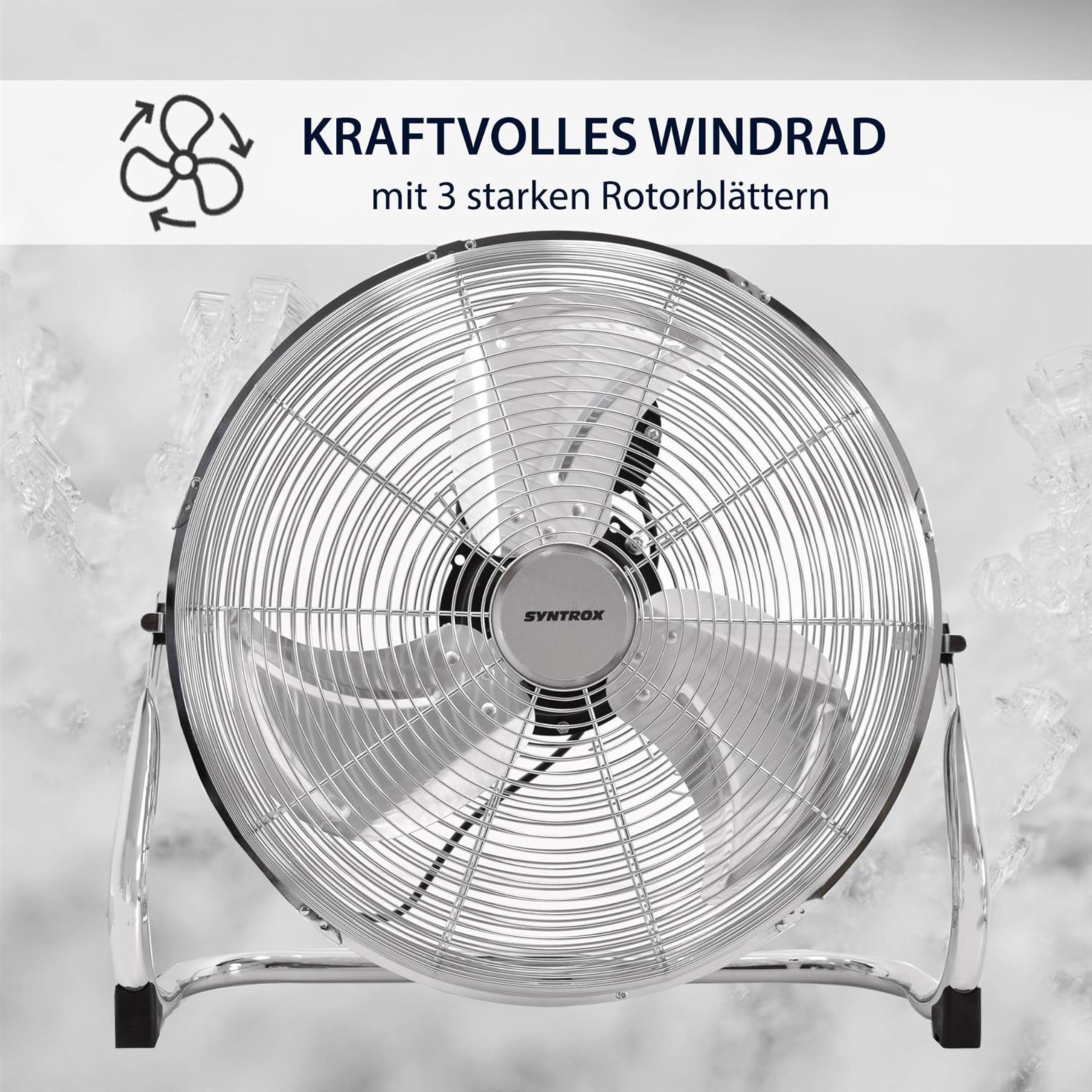 Syntrox Turbo Ventilator Quirbos | Edelstahl Windmaschine | Bodenventilator, 41 cm Rotorblatt, 3 Geschwindigkeitsstufen, 100 Watt, Stabil und standfest