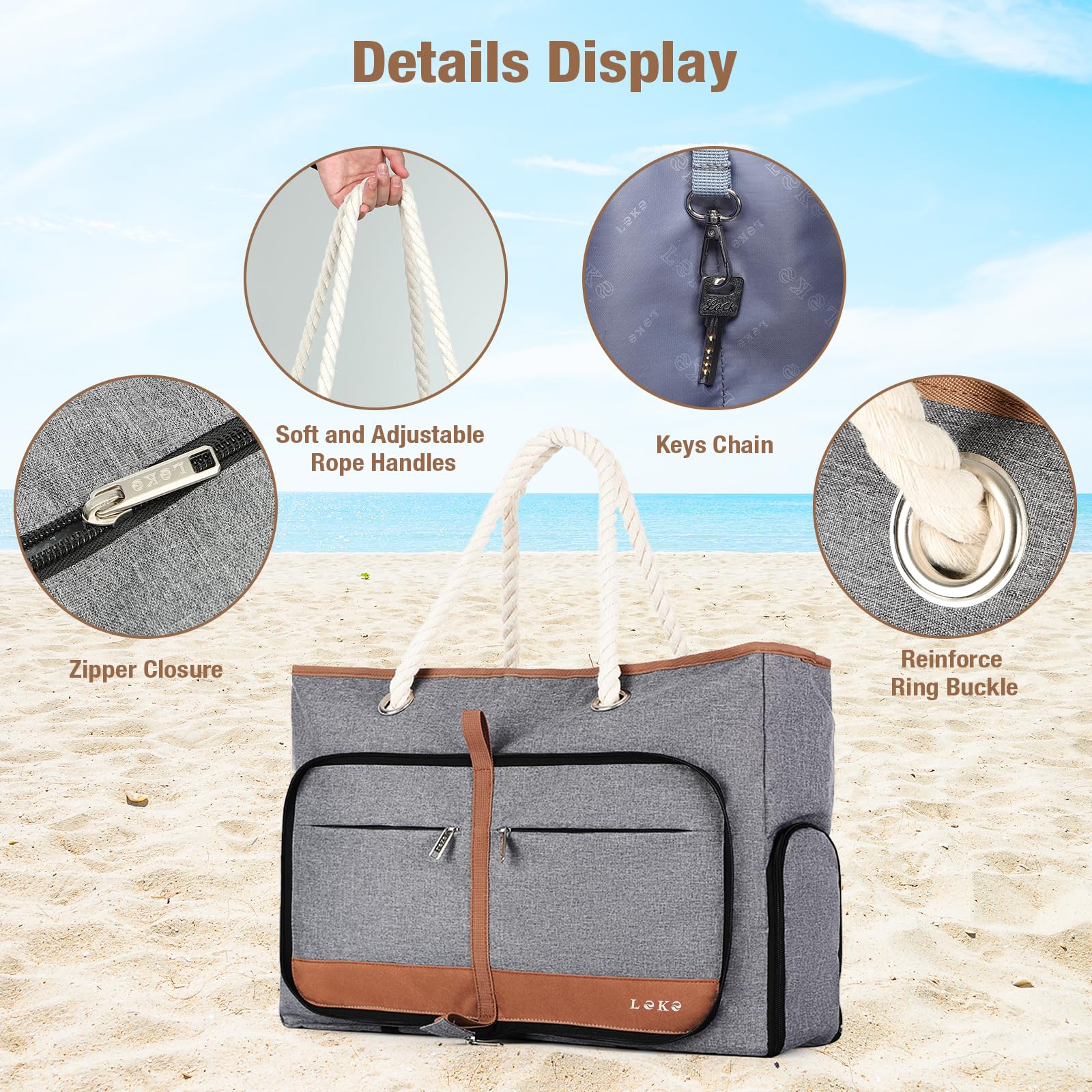 Sac de plage pour femme – Grand sac fourre-tout de 35 L, imperméable et résistant au sable, sac de transport à fermeture éclair pour piscine, plage et voyage, gris, Large, Femme