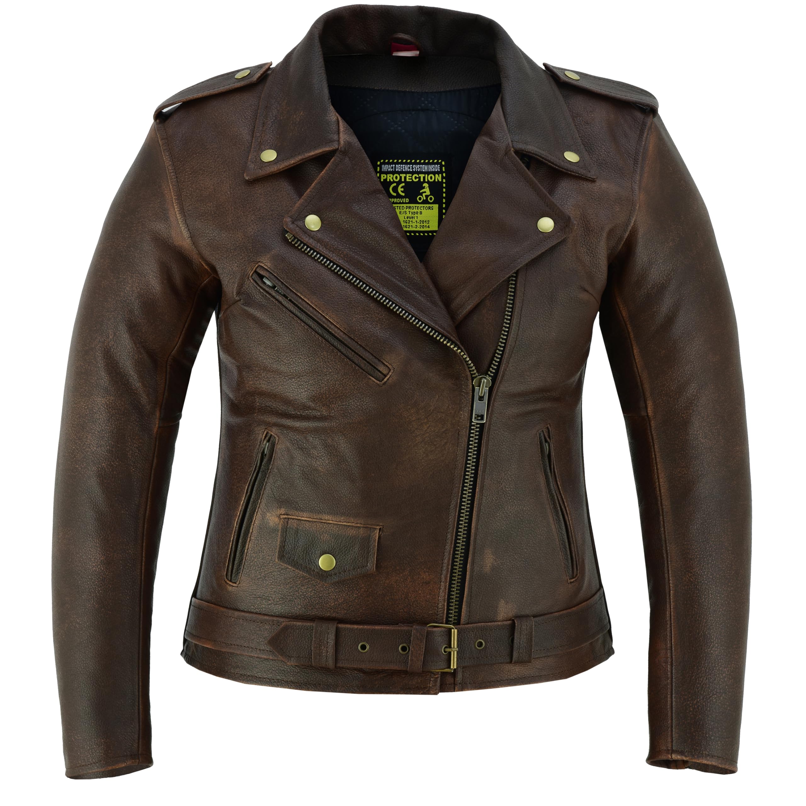Texpeed Giacca da motociclista in pelle da donna Marlon Brando - Giacca da motociclista da turismo da donna con protezione CE da motociclista (EN 1621-1) originale, Marrone - L