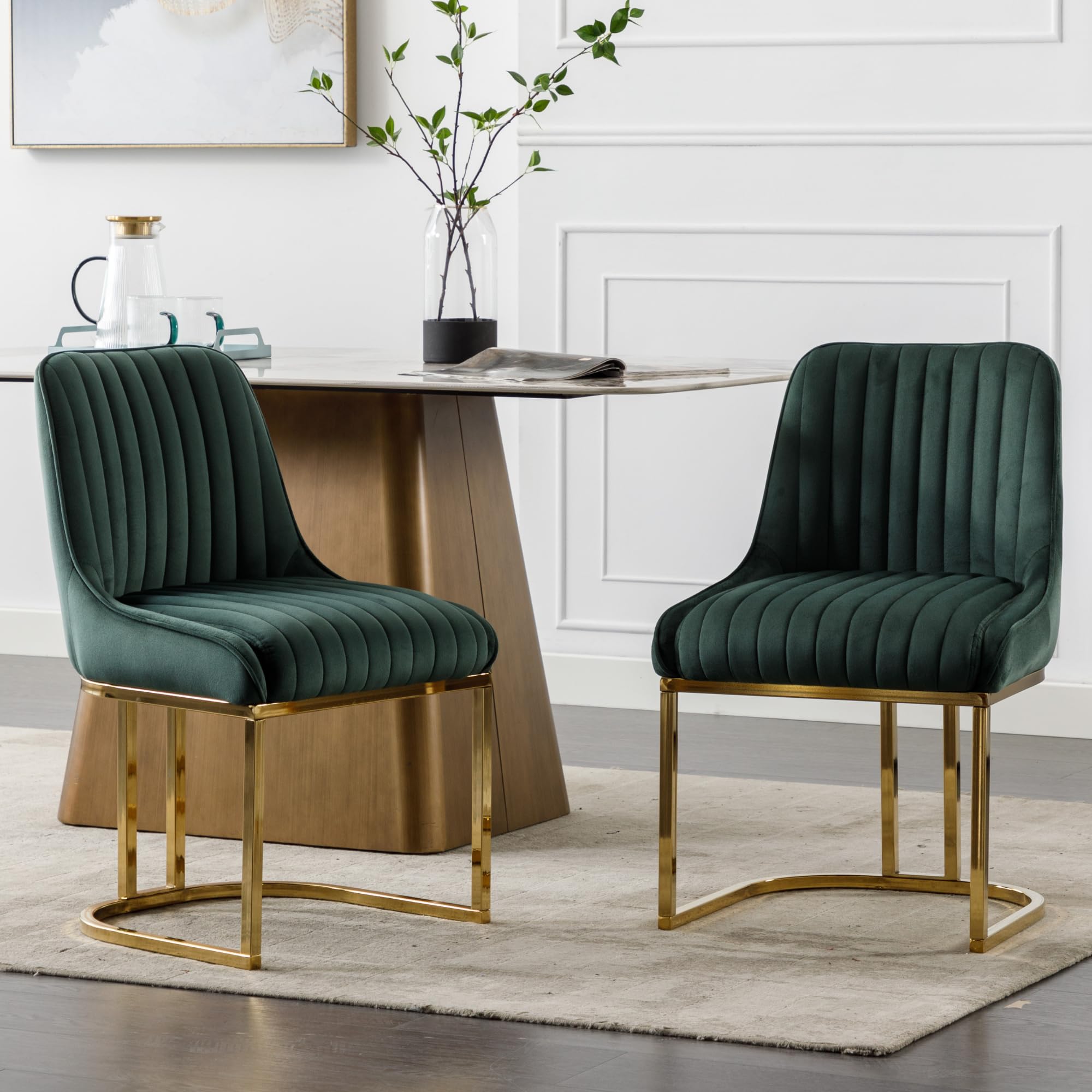 Shunzhi Modern Green Velvet Dining Chairs Set of 2 Upholstered Dining Room Chairs Kitchen Chairs with Gold Metal Legs/Back Armless Side Chair for